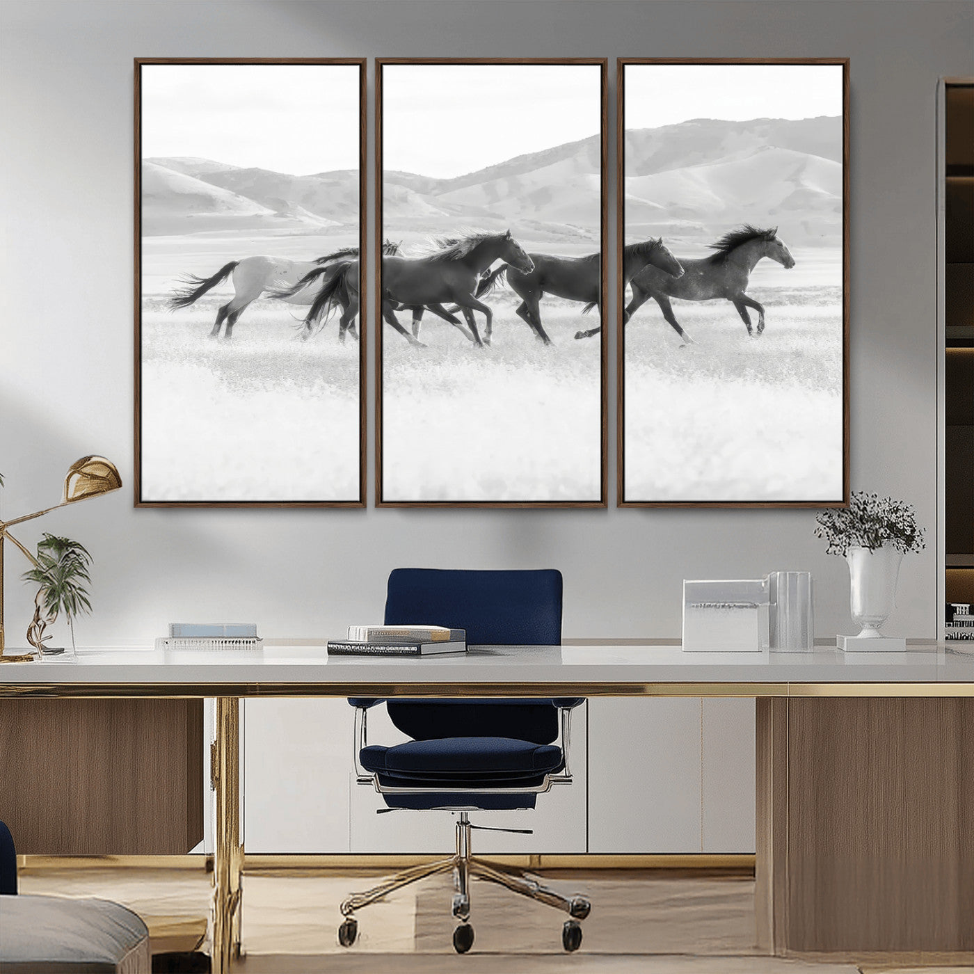 MGV-FC-48X32-3P - Wild Horses Wall Art – Black & White Canvas Print of Herd Running, Nature in Motion, Freedom & Beauty Decor for Guest Room, Office or Living Room