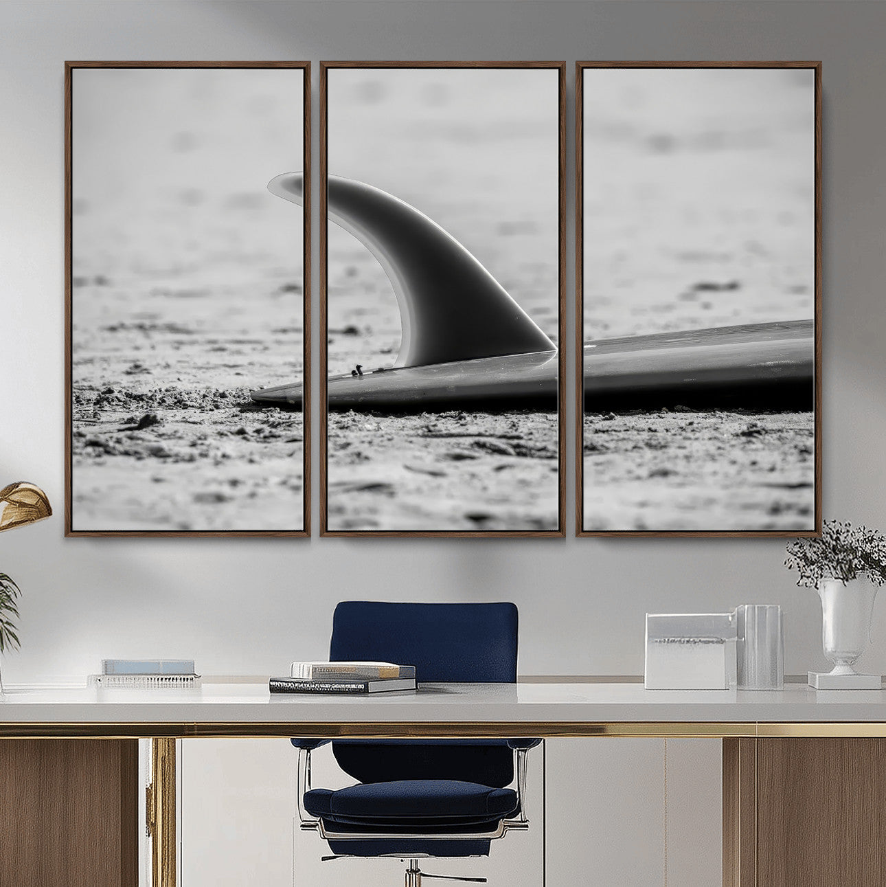 MGV-FC-48X32-3P - Black White Surfboard Wall Art Canvas Print, Framed Minimalist Beach Art Picture Print, Surf Fin Perfect Minimalist Coastal Decor Artwork