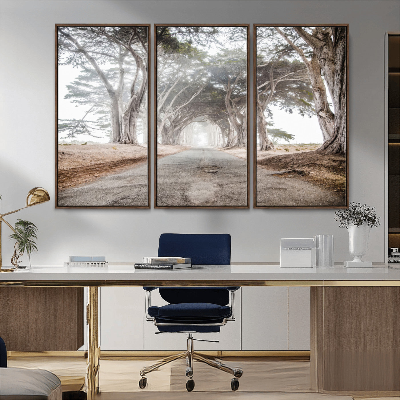 87090469-MGV-FC-48X32-3P_Walnut-Cypress Tunnel Wall Art – Framed Misty Road Canvas Artwork, Foggy Trees Design, Rustic Woodland Nature Decor for Home, Office