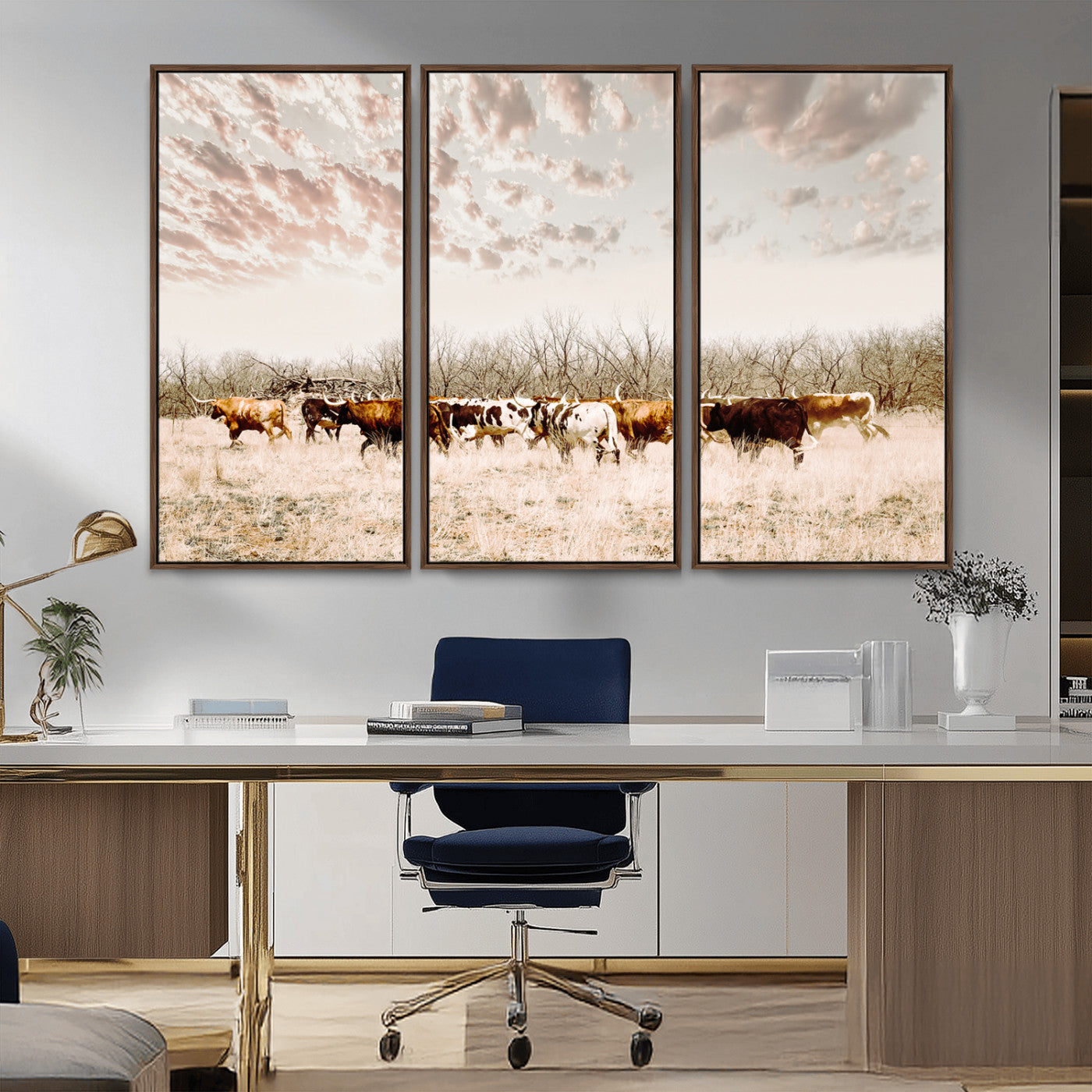 -Longhorn Cattle Wall Art Canvas Print, Framed Texas Ranch Art Picture Print, Western Cow Perfect