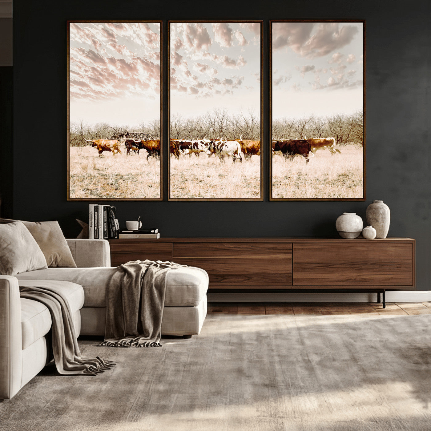 64892775-MGV-CV-36X24 - Longhorn Cattle Wall Art Canvas Print, Framed Texas Ranch Art Picture Print, Western Cow Perfect Western Decor Artwork