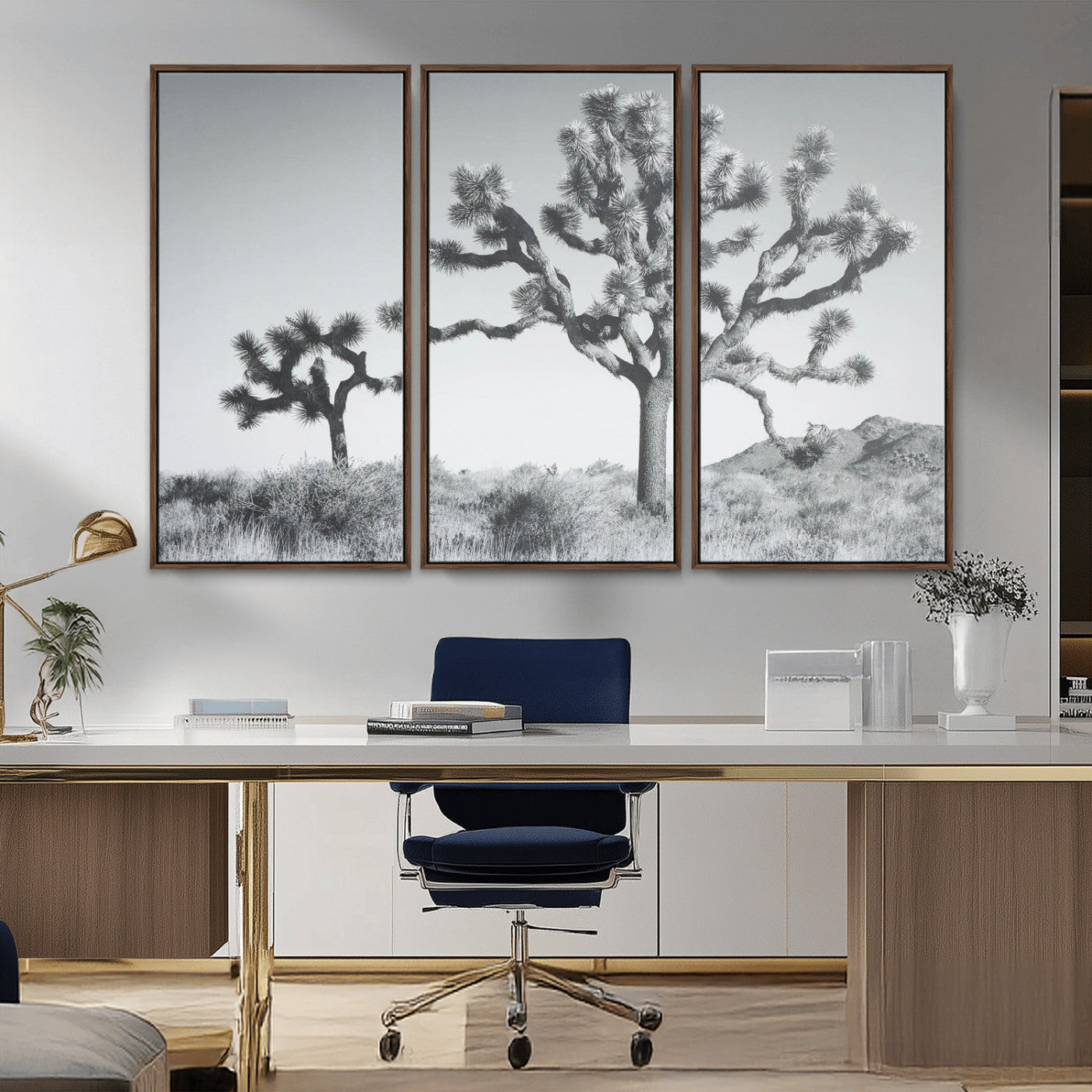 29996209-MGV-FC-48X32-3P_Walnut-Joshua Tree Wall Art Canvas Print – Framed Black White Desert Landscape Southwestern Nature Artwork for Home Office
