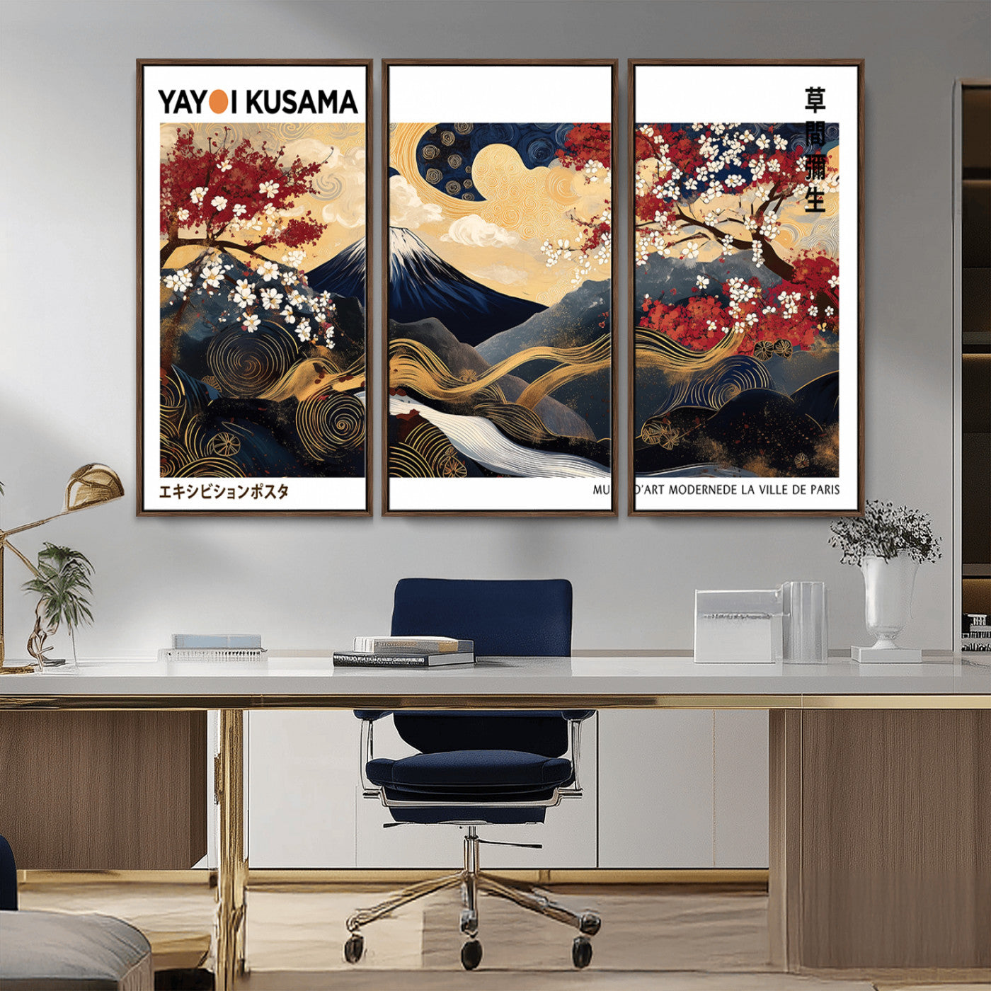 66243961-MGV-CV-36X24-Modern Mount Fuji Wall Art Canvas Print – Framed Abstract Mount Fuji Scene with Yayoi Kusama Artwork for Home, Office