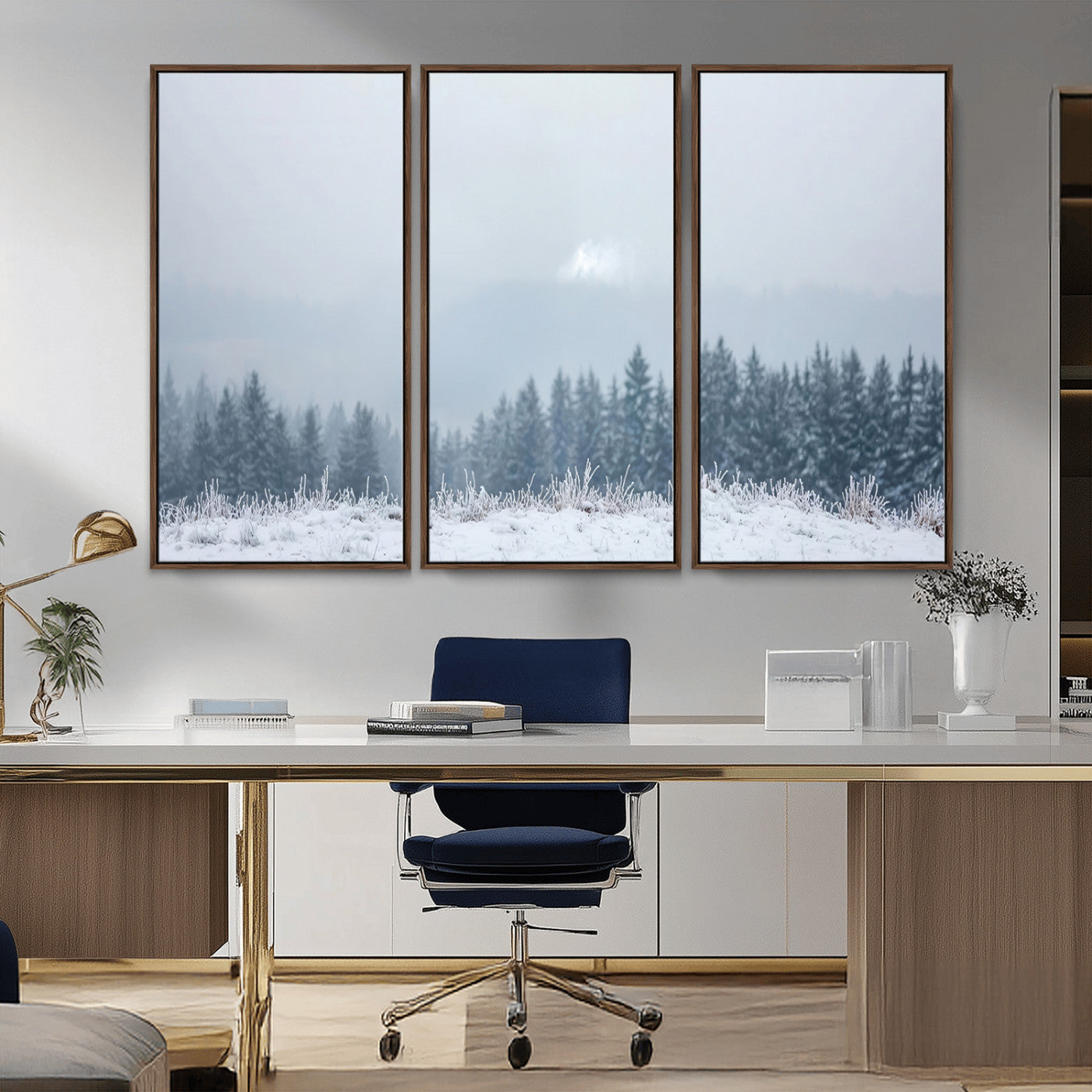 33033082-MGV-FC-48X32-3P_Walnut-Winter Forest Wall Art Canvas Print – Framed Snowy Landscape Art Picture Misty Tree Scene Artwork for Home Office