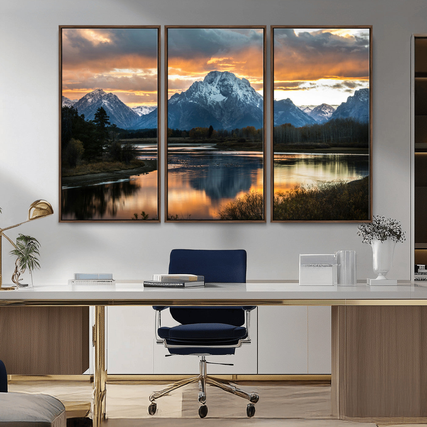 14130176-MGV-FC-48X32-3P_Walnut-Mountain Sunset Wall Art Canvas Print – Framed Alpine Wilderness Golden Hour Scenic Nature Artwork for Home Offic