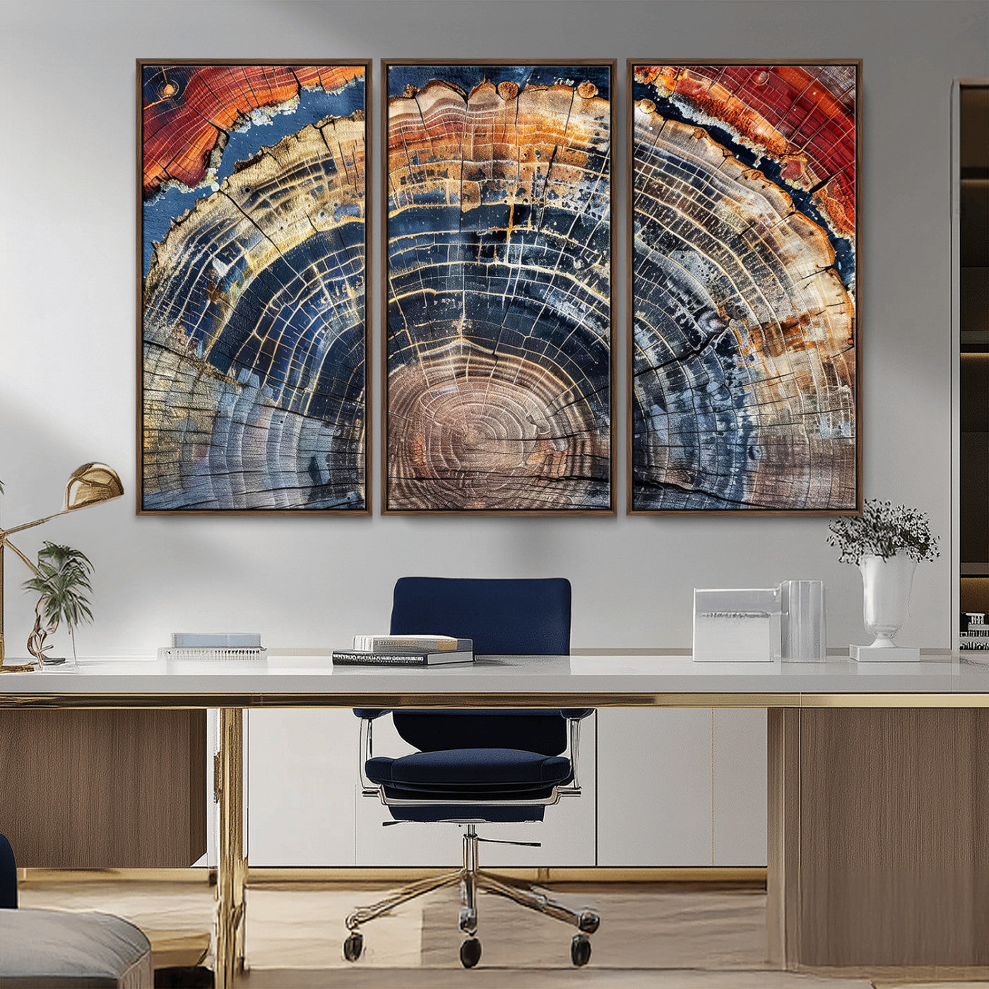 60292921-MGV-FC-48X32-3P_Walnut-Tree Rings Wall Art Canvas Print – Framed Petrified Wood Modern Rustic Nature Scene Artwork for Home Office