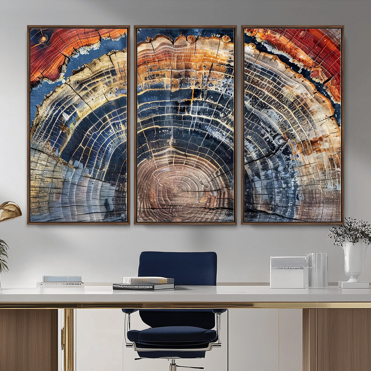 60292921-MGV-FC-48X32-3P - Vintage Tree Rings Wall Art Canvas Print – Framed Wood Art Picture Petrified Wood Artwork for Home, Office, Living Room