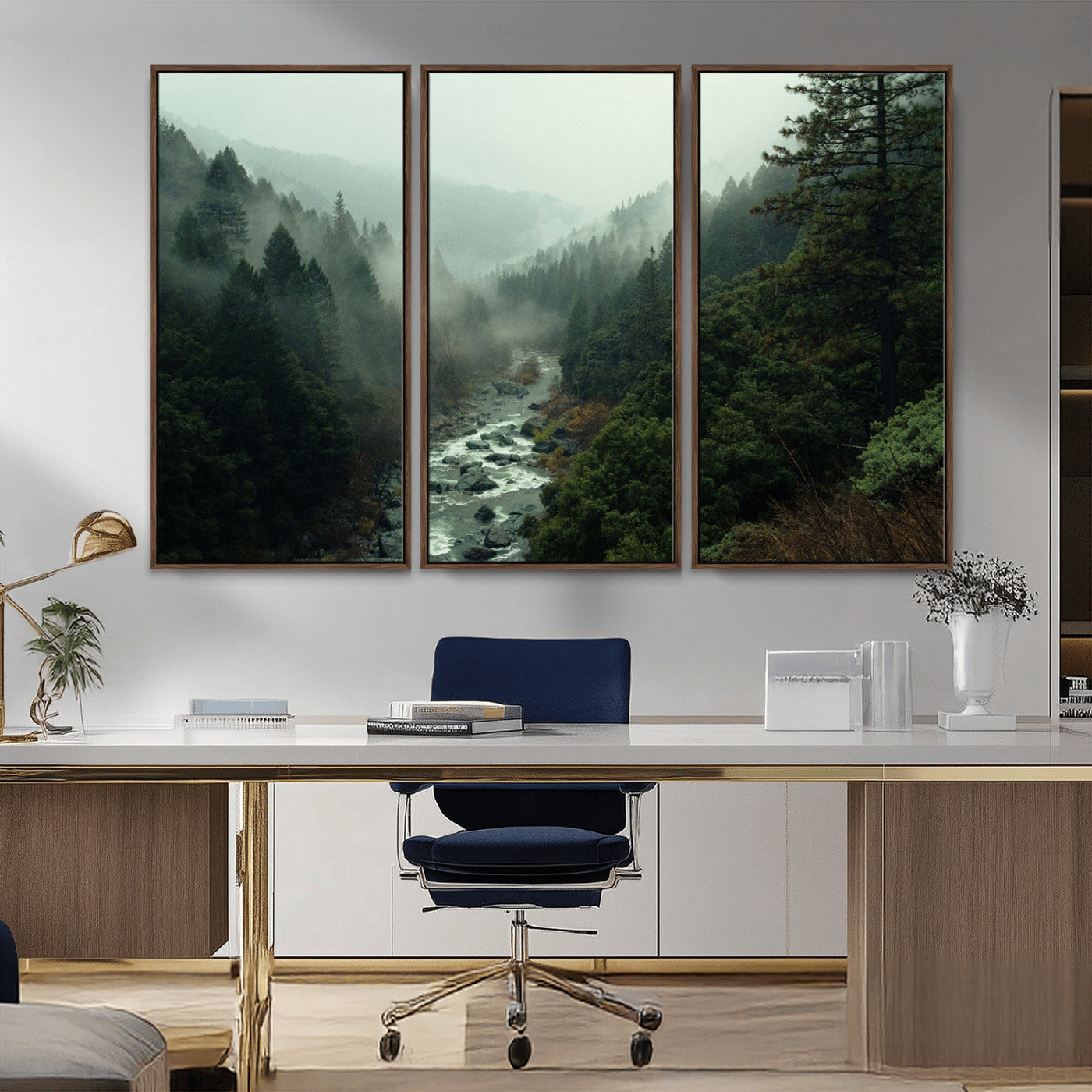 48497565-MGV-FC-48X32-3P_Walnut-Misty Forest Wall Art Canvas Print – Framed Foggy River Moody Landscape Wilderness Nature Scene Artwork for Home Office