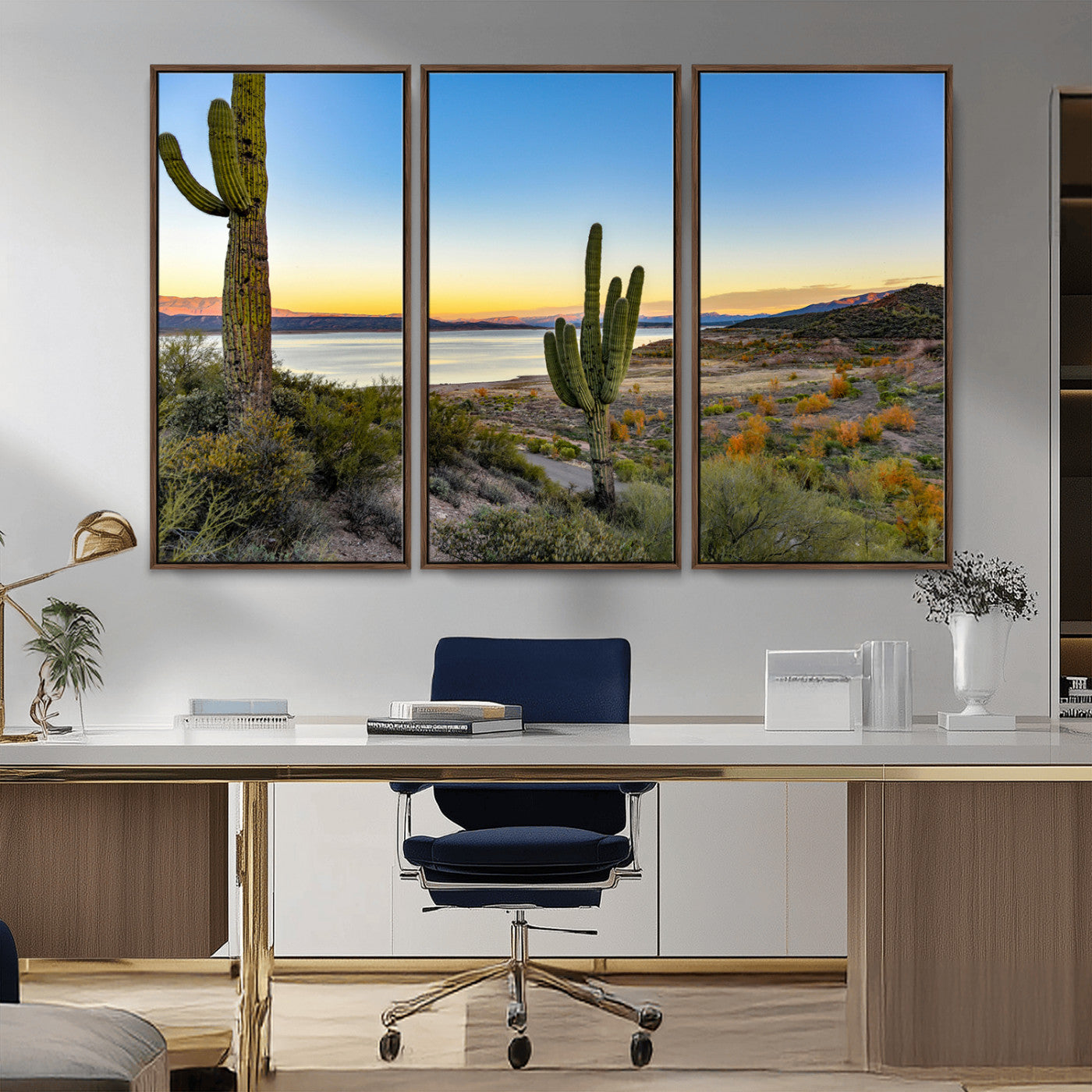 52844711-MGV-FC-48X32-3P_Walnut-Saguaro Cactus Wall Art Canvas Print – Framed Desert Sunset Southwestern Nature Scene Artwork for Home Office