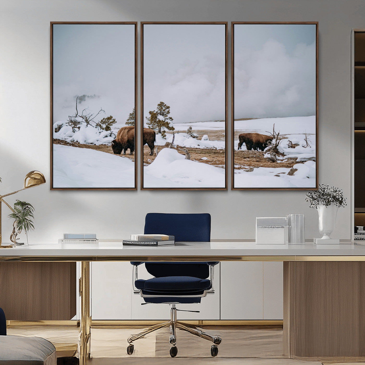 60308289-MGV-FC-48X32-3P_Walnut-Bison Wildlife Wall Art Canvas Print – Framed Snowy Prairie Western Rustic Nature Scene Artwork for Home Office