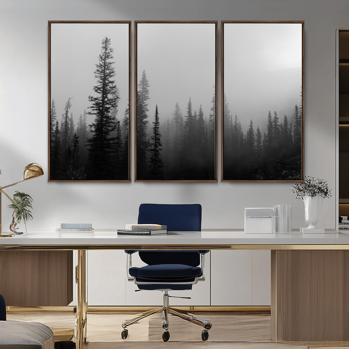 73138900-MGV-FC-48X32-3P_Walnut-Misty Pines Wall Art Canvas Print – Framed Woodland Minimalist Rustic Nature Scene Photography Artwork for Home Office