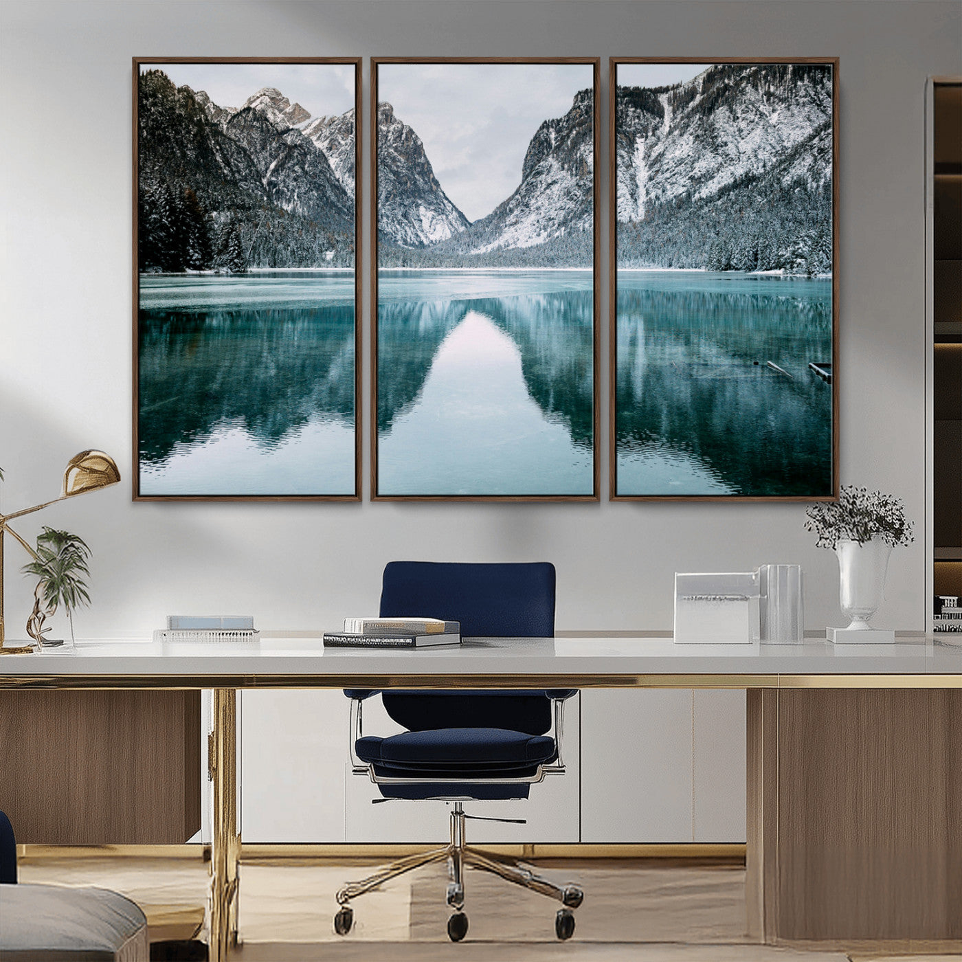 73098373-MGV-FC-48X32-3P_Walnut-Mountain Lake Wall Art Canvas Print – Framed Snowy Peaks Wonderland Nature Scene Artwork for Home Office