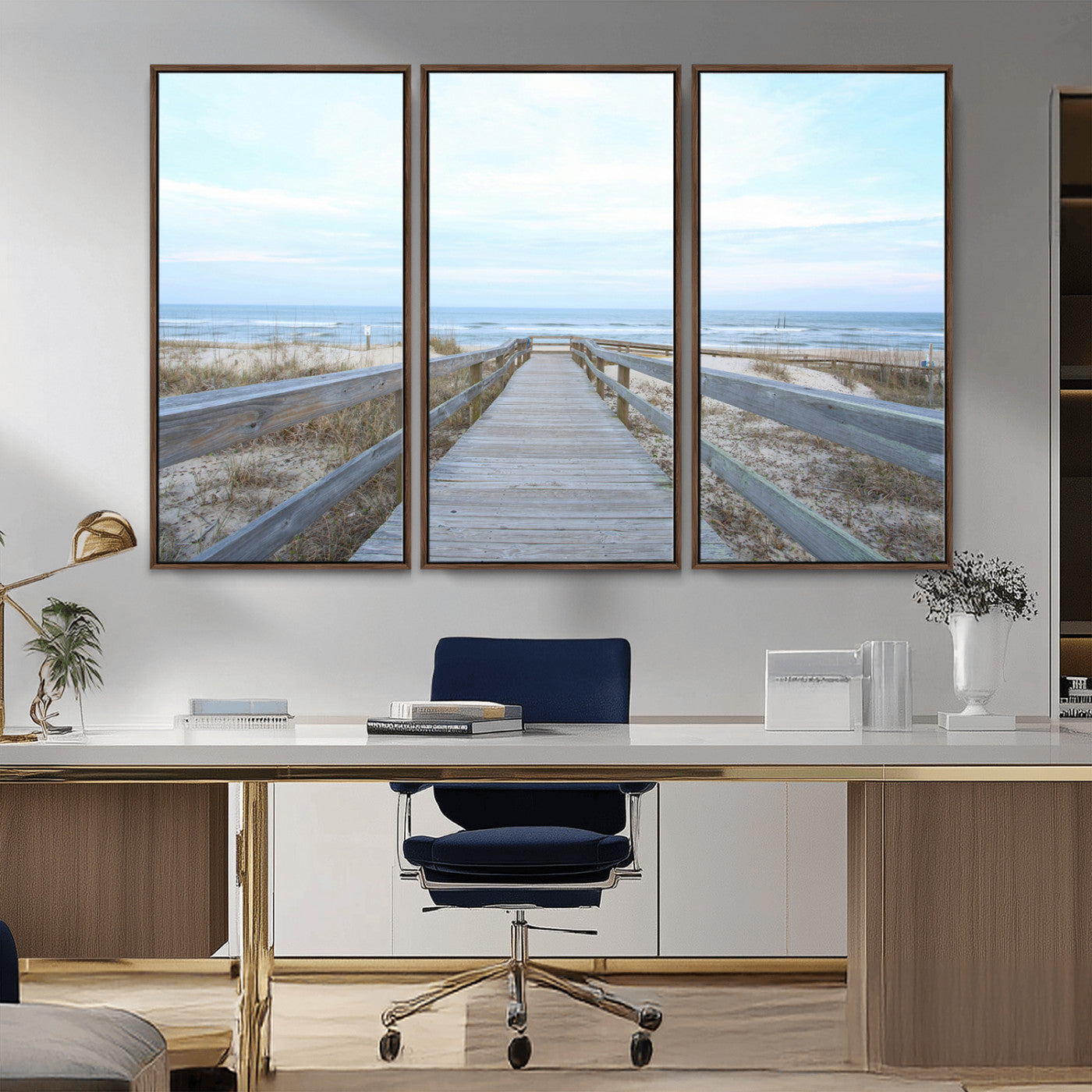 31602988-MGV-FC-48X32-3P_Walnut-Beach Boardwalk Wall Art Canvas Print – Framed Coastal Serenity Ocean View Nature Scene Artwork for Home Office