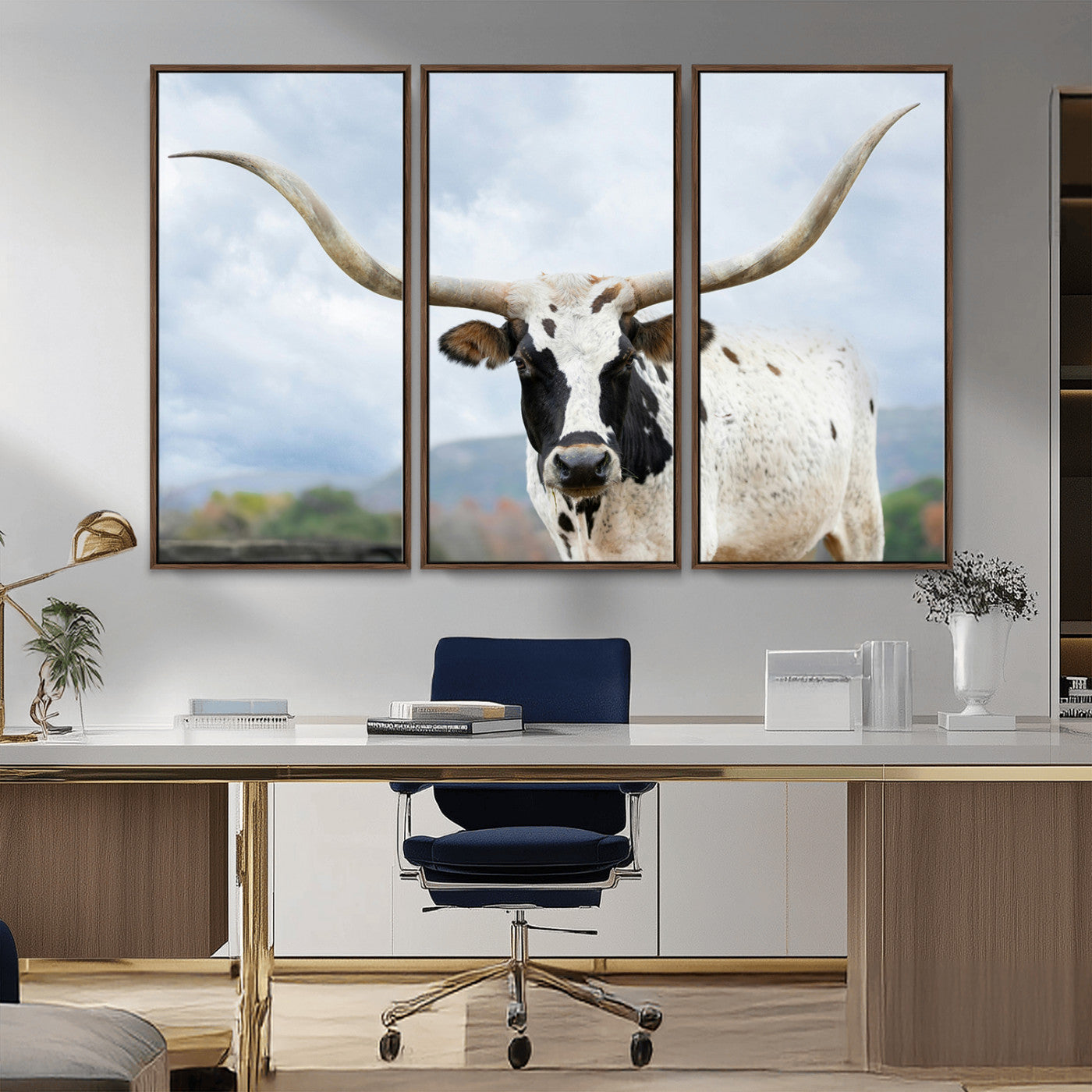 -Texas Longhorn Wall Art Canvas Print – Framed Western Rustic Farmhouse Nature Scene Artwork for Home Office
