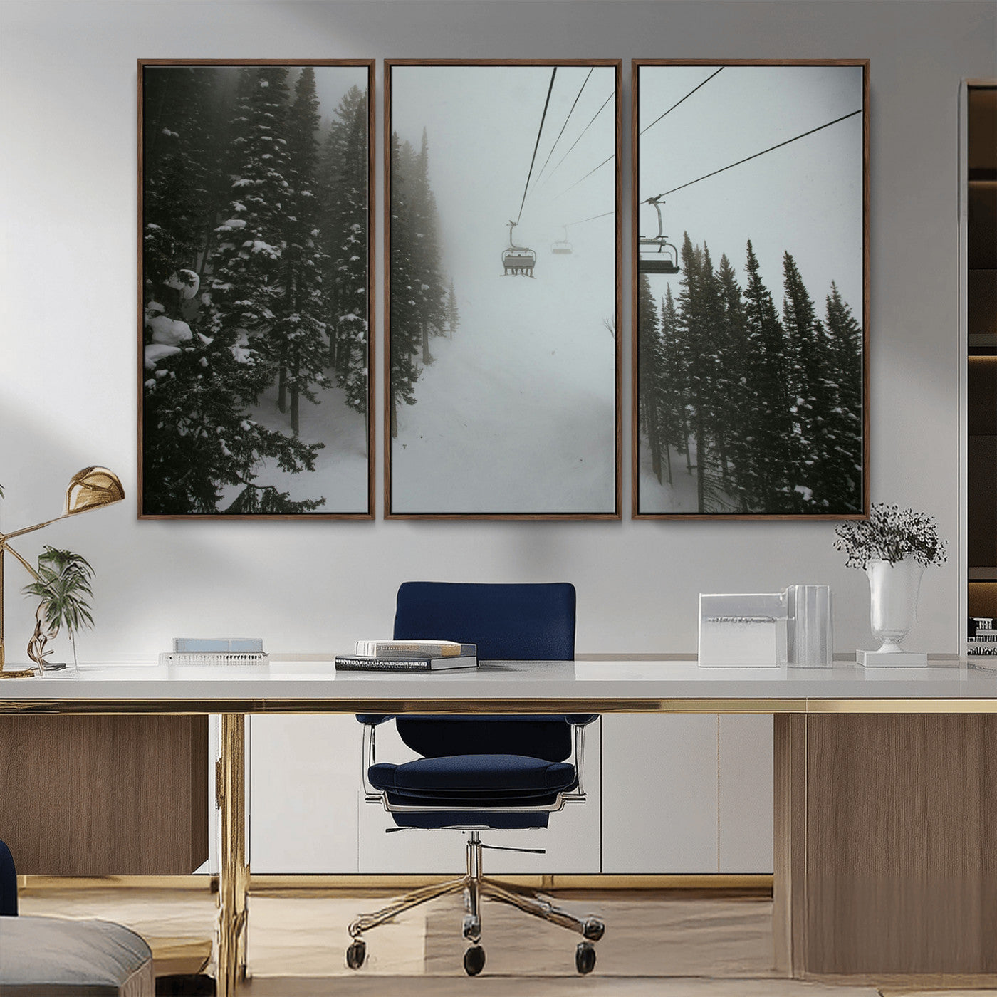 87018452-MGV-CV-36X24-Ski Lift Wall Art Canvas Print – Snowy Pines Misty Landscape Winter Serenity Artwork for Home, Office Decor