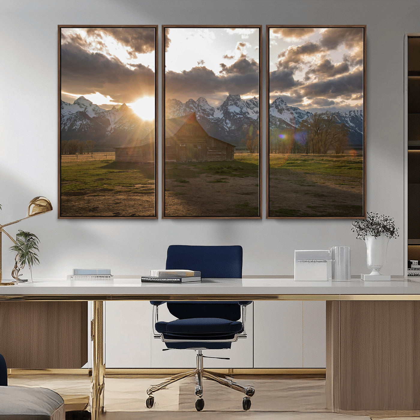 52555760-MGV-FC-48X32-3P_Walnut-Snowy Peaks Wall Art Canvas Print – Rustic Mountain Landscape Nature Escape Winter Forest Artwork for Home, Office