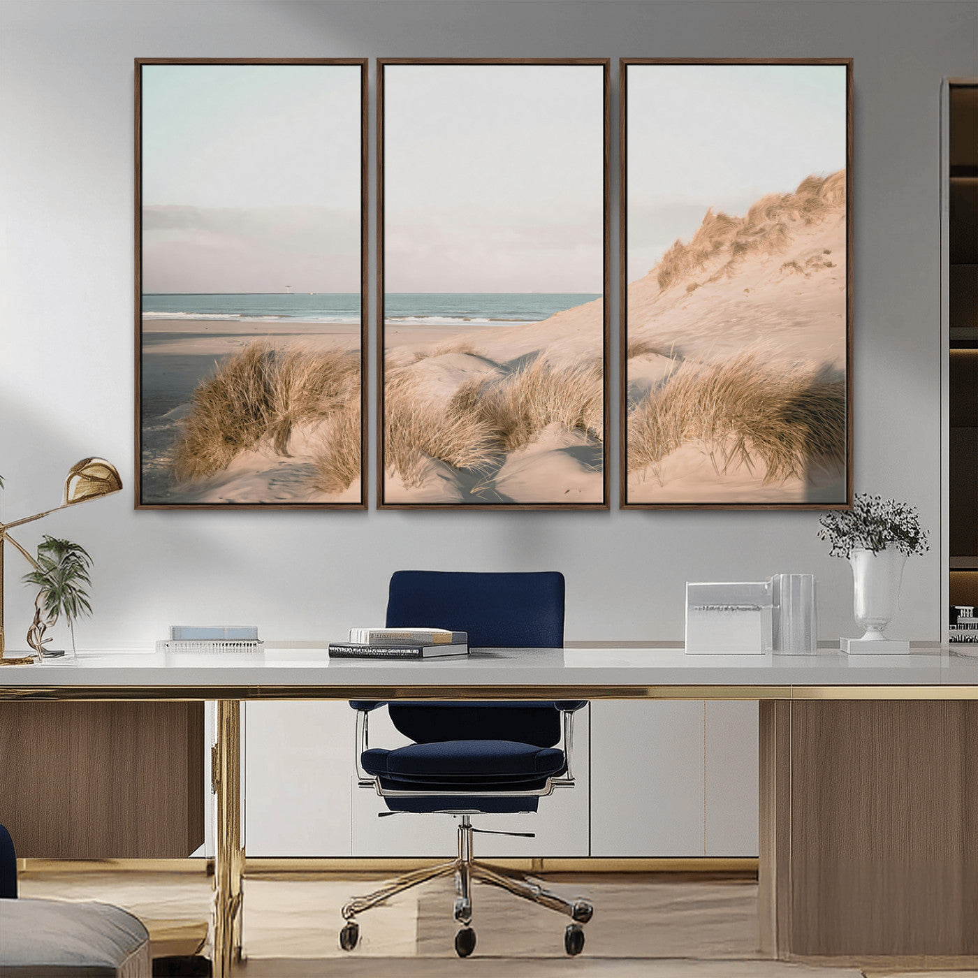 11554211-MGV-FC-48X32-3P_Walnut-Beach Landscape Wall Art Canvas Print – Framed Sand Dune Photography Minimalist Seascape Artwork for Home Office