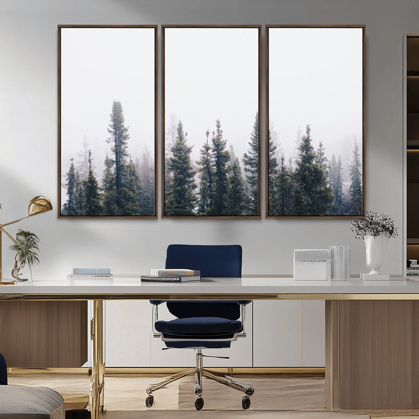 -Foggy Forest Wall Art Canvas Print – Framed Misty Pines Moody Woodland Nature Scene Artwork for Home Office