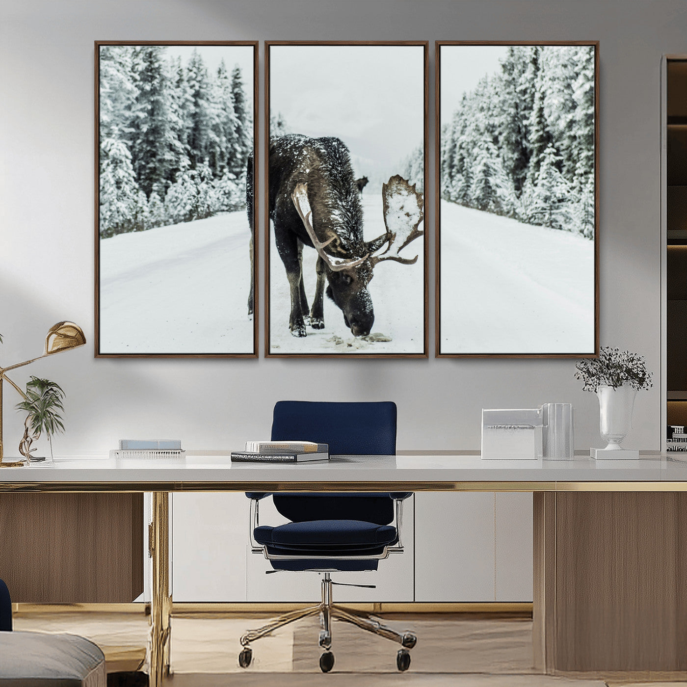-Moose Snow Wall Art Canvas Print – Framed Winter Wildlife Snowy Forest Nature Scene Artwork for Home, Office, Living Room