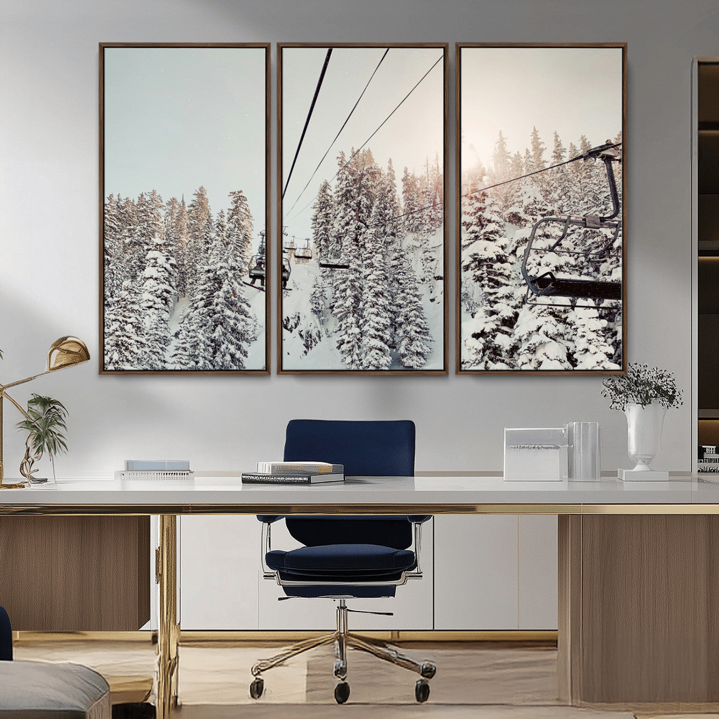 91534512-MGV-CV-36X24-Frosty Pines Wall Art Canvas Print – Framed Cozy Cabin Ski Lift Ride Winter Scene Artwork for Home Office