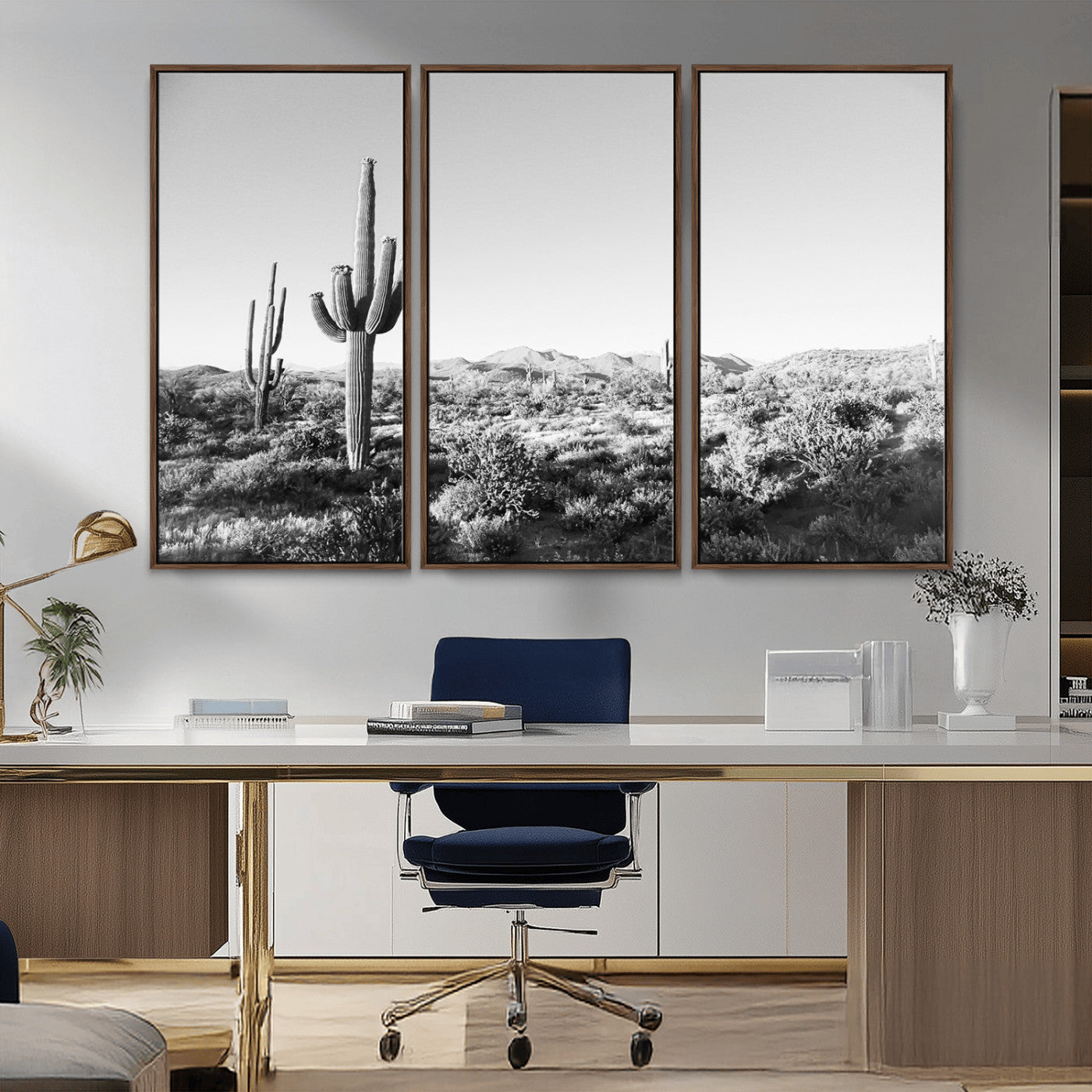 85205054-MGV-FC-48X32-3P_Walnut-Saguaro Cactus Wall Art Canvas Print – Framed Monochrome Landscape Scenic Arizona Minimalist Western Artwork for Home, Office