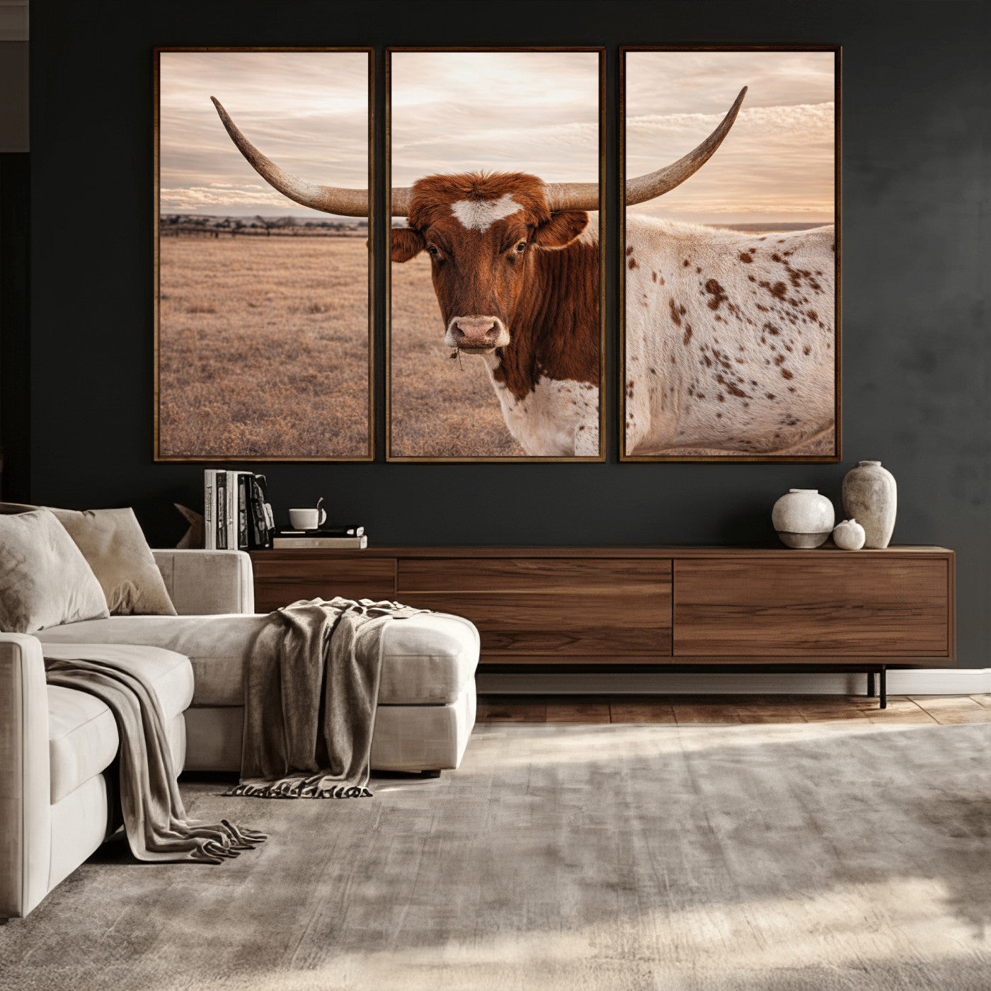 95745718-MGV-CV-36X24 - Longhorn Cow Wall Art – Texas Bull Canvas Print, Rustic Farm Cattle Photography, Western Animal Decor for Country Home, Living Room or Game Room