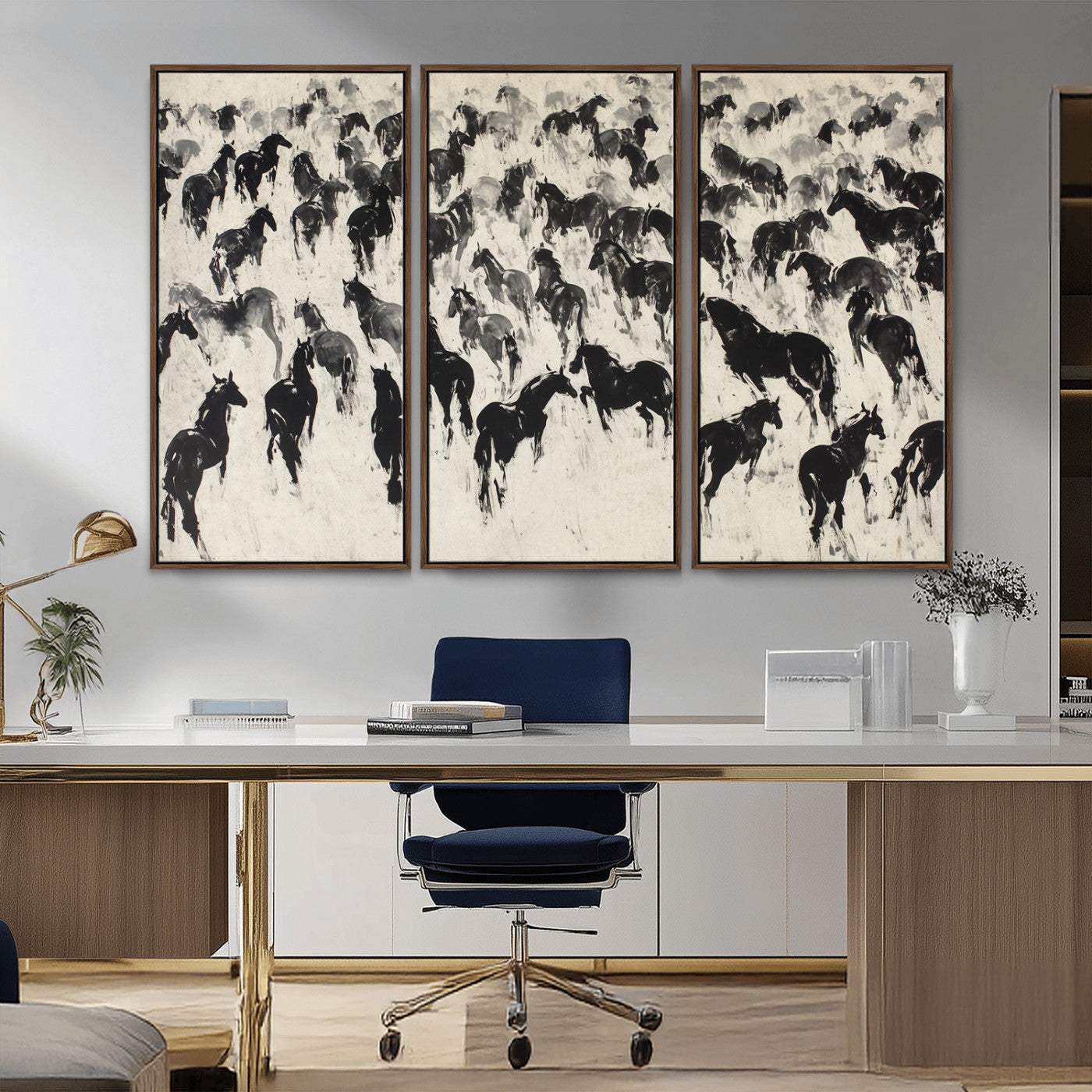-Wild Horse Stampede Wall Art Canvas Print – Monochrome Running Horses Dynamic Motion Elegant Scene Artwork for Home, Office