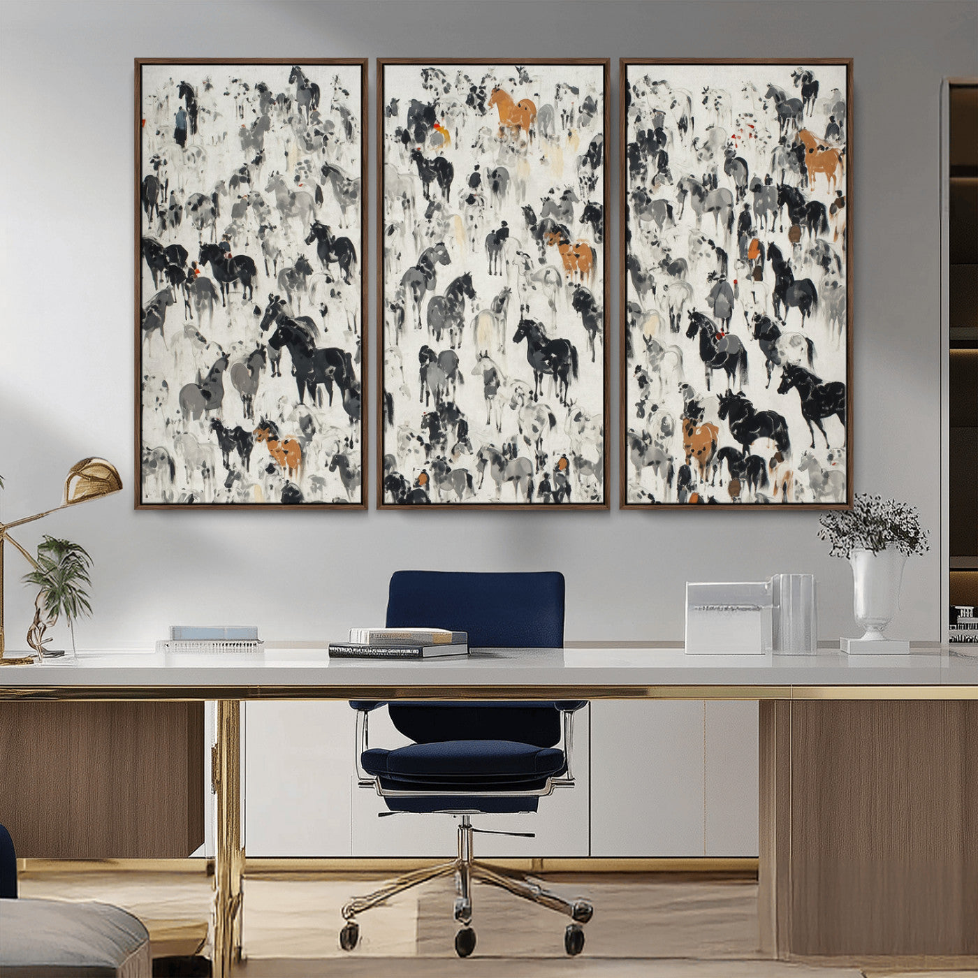 56463722-MGV-CV-36X24-Wild Horse Stampede Wall Art Canvas Print – Monochrome Running Horses Dynamic Motion Elegant Scene Artwork for Home, Office