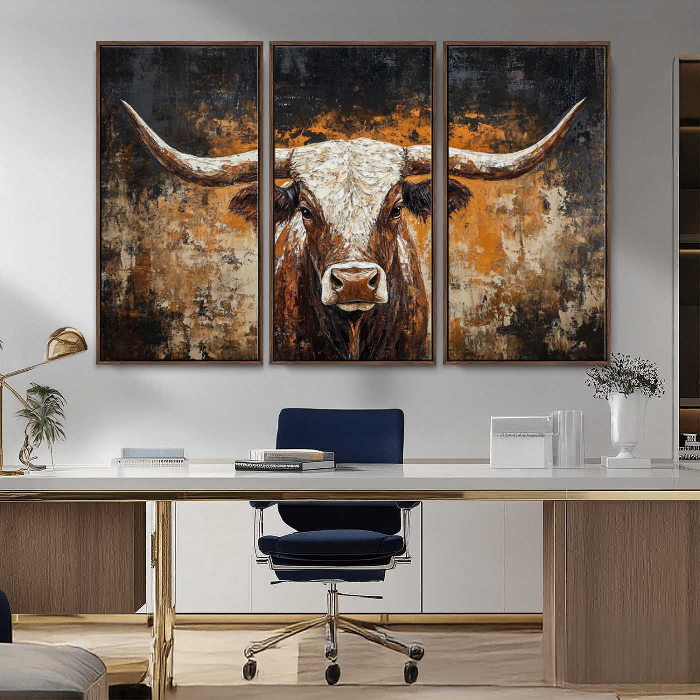 25265572-MGV-CV-36X24-Rustic Longhorn Bull Wall Art Canvas Print – Vintage Western Cattle Scene, Texas Steer Artwork for Home, Office