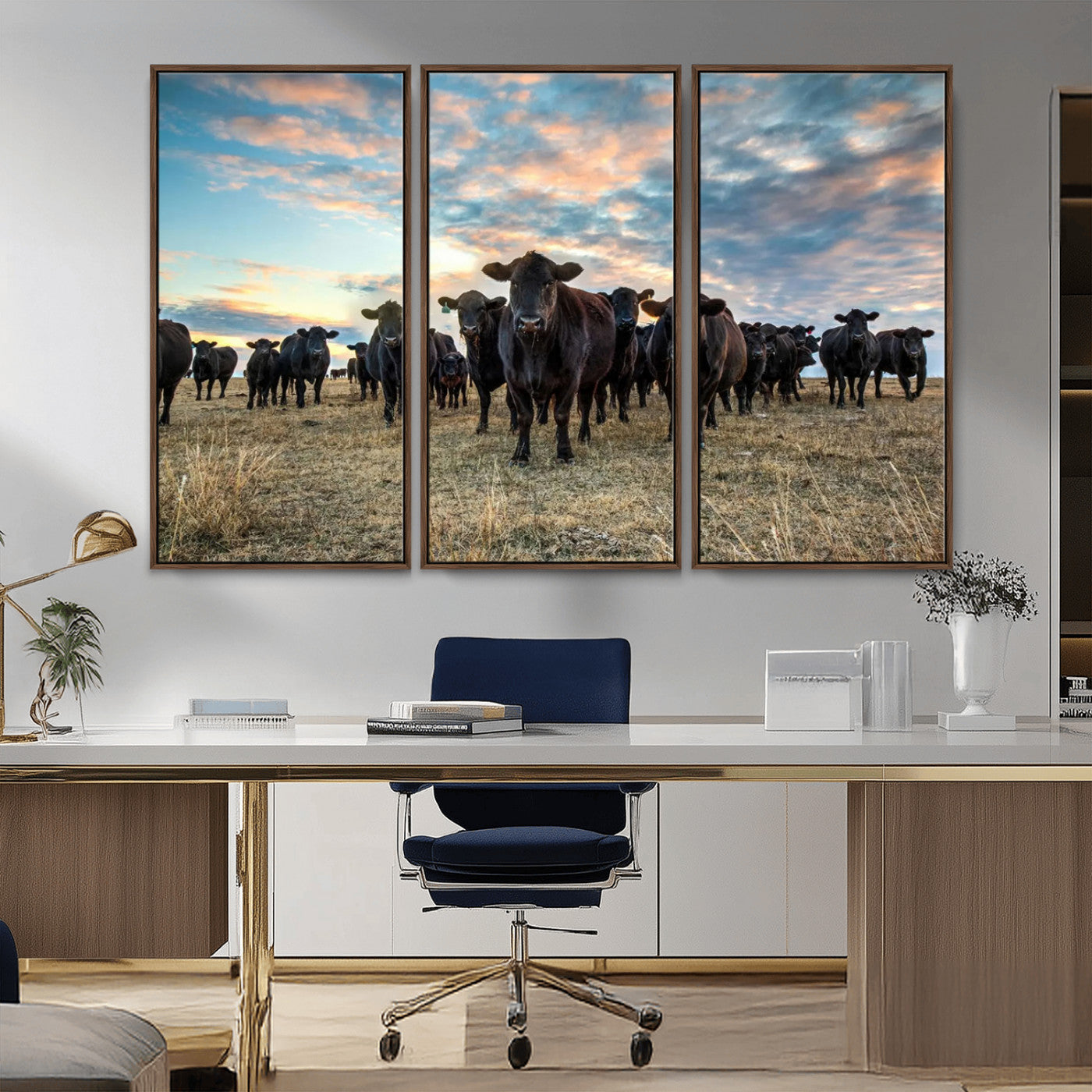 -Texas Longhorn Cattle Wall Art Canvas Print – Rustic Western Ranch Scene with Steers Sunset for Home, Office