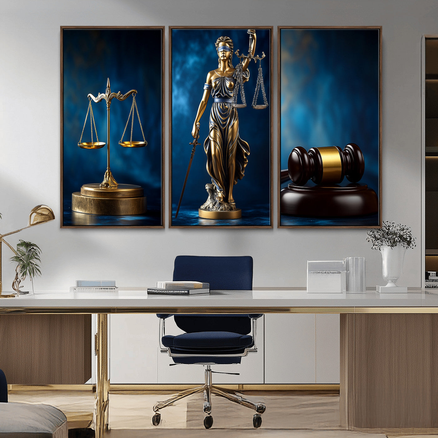 33888279-MGV-FP-36X24-3P_Walnut-Lady Justice Wall Art Canvas Print – Elegant Gold Legal Symbols Blue Background, Perfect for Law