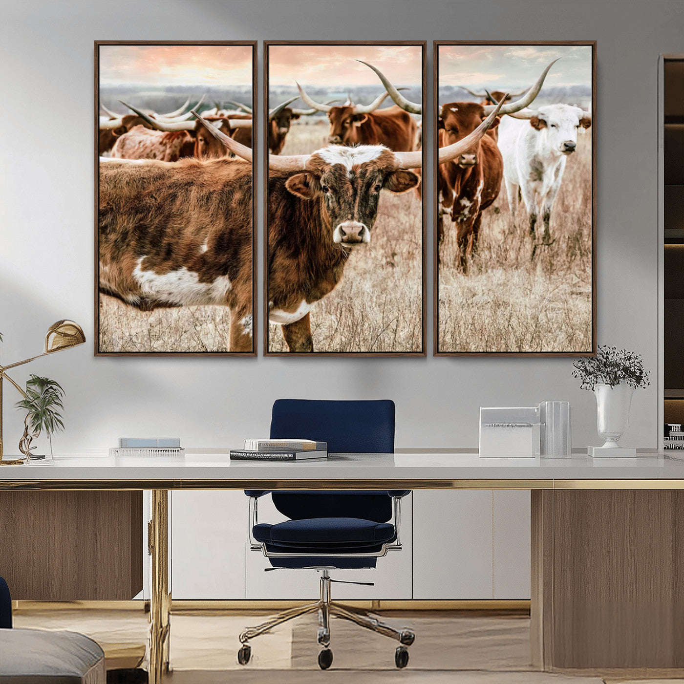 -Texas Longhorn Cattle Wall Art Canvas Print – Rustic Western Ranch Scene with Steers Sunset for Home, Office