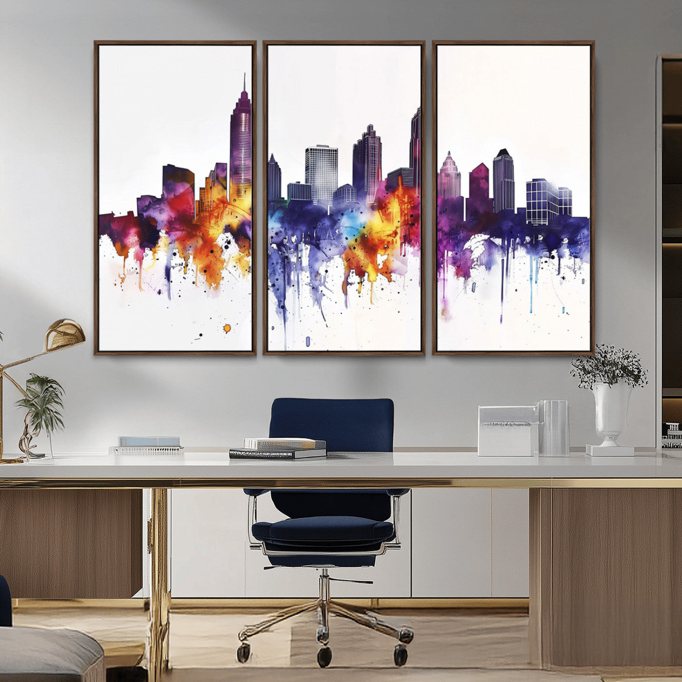 34479880-MGV-CV-36X24-Atlanta Skyline Wall Art Canvas Print – Framed Colorful Watercolor Cityscape Artwork for Home, Office, Living Room