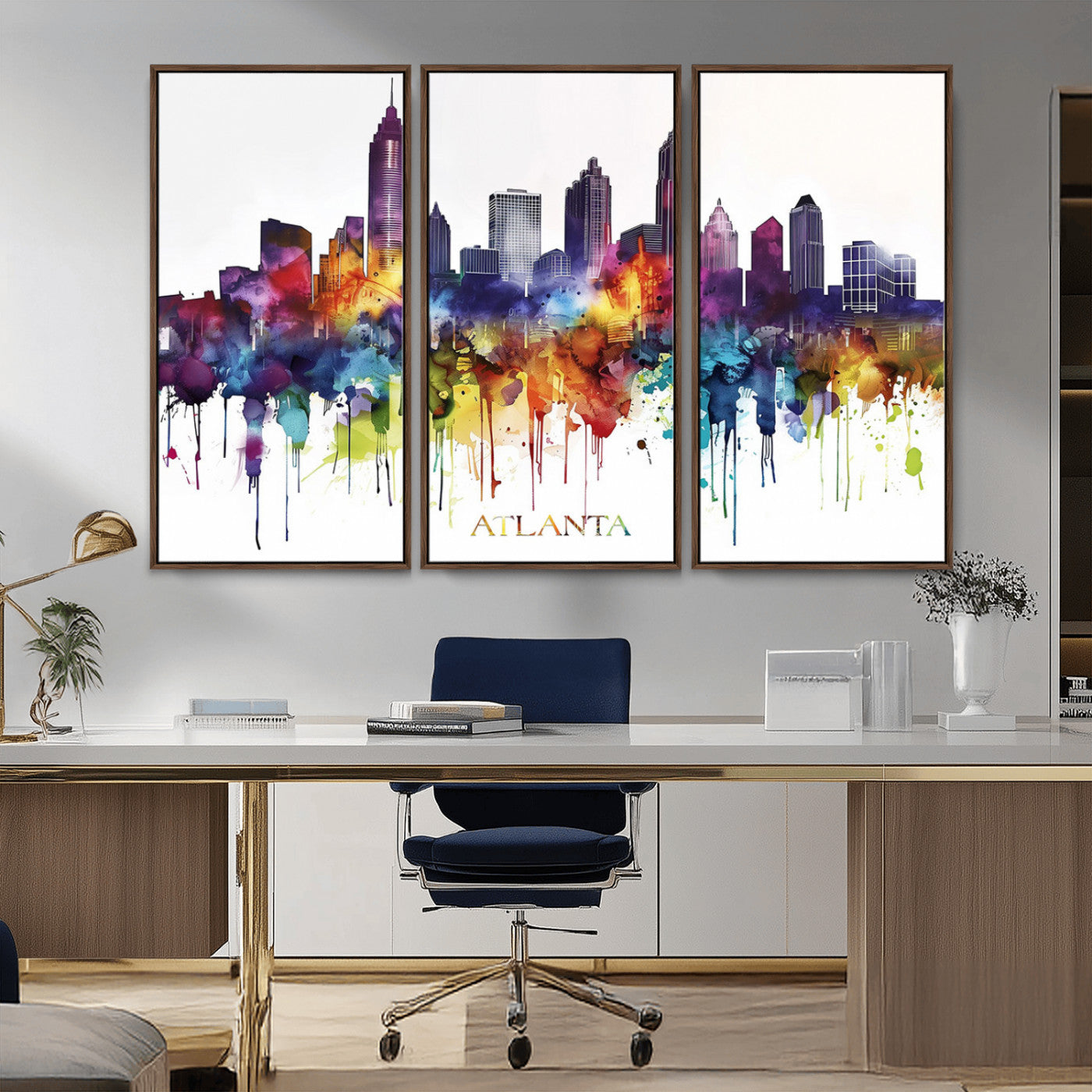 36048320-MGV-FC-48X32-3P_Walnut-Atlanta Skyline Wall Art Canvas Print – Framed Colorful Watercolor Cityscape Abstract Urban Artwork for Home, Office