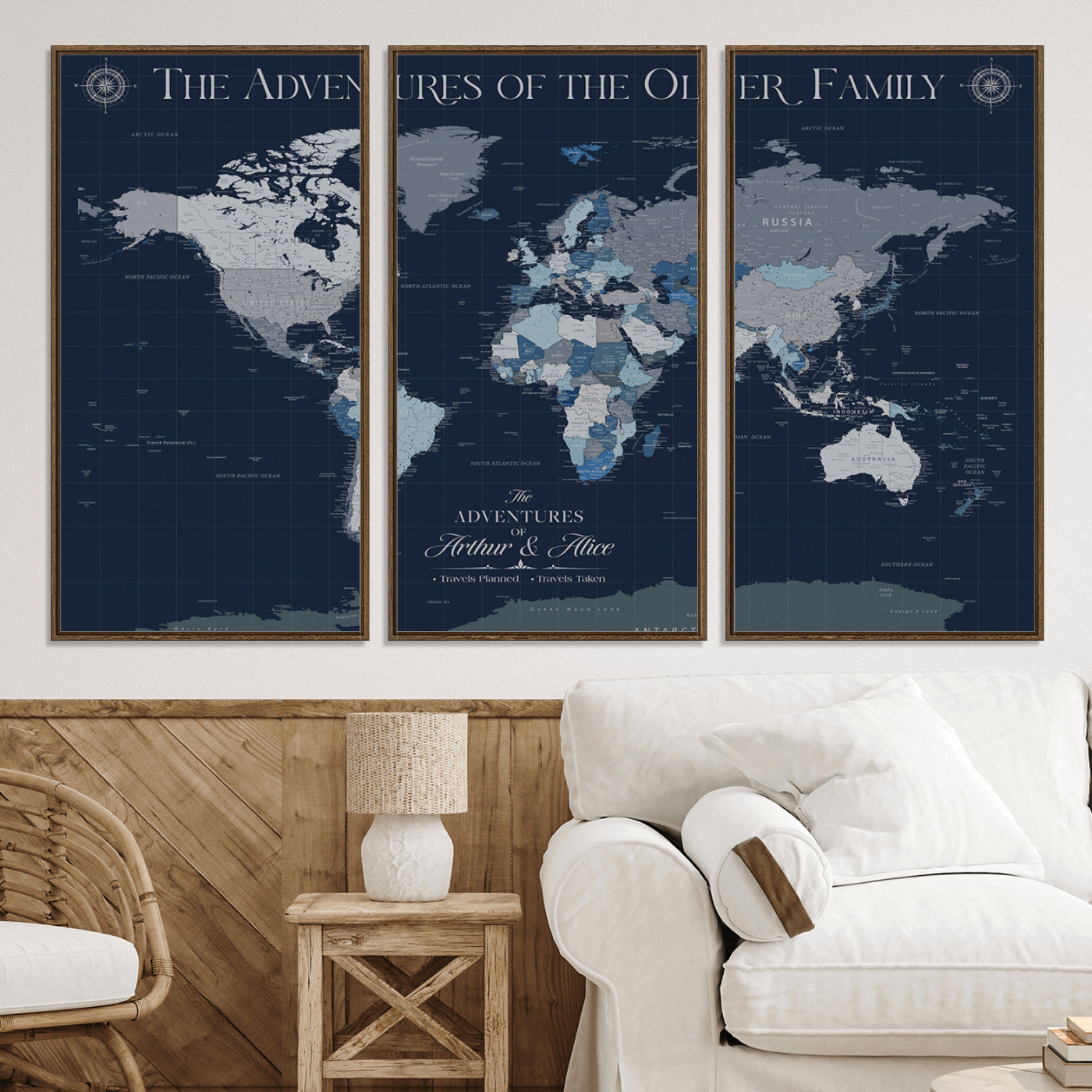 -Personalized Family Adventure World Map – Custom Framed Push Pin Travel Tracker Canvas, Elegant Wall Art for Home, Office