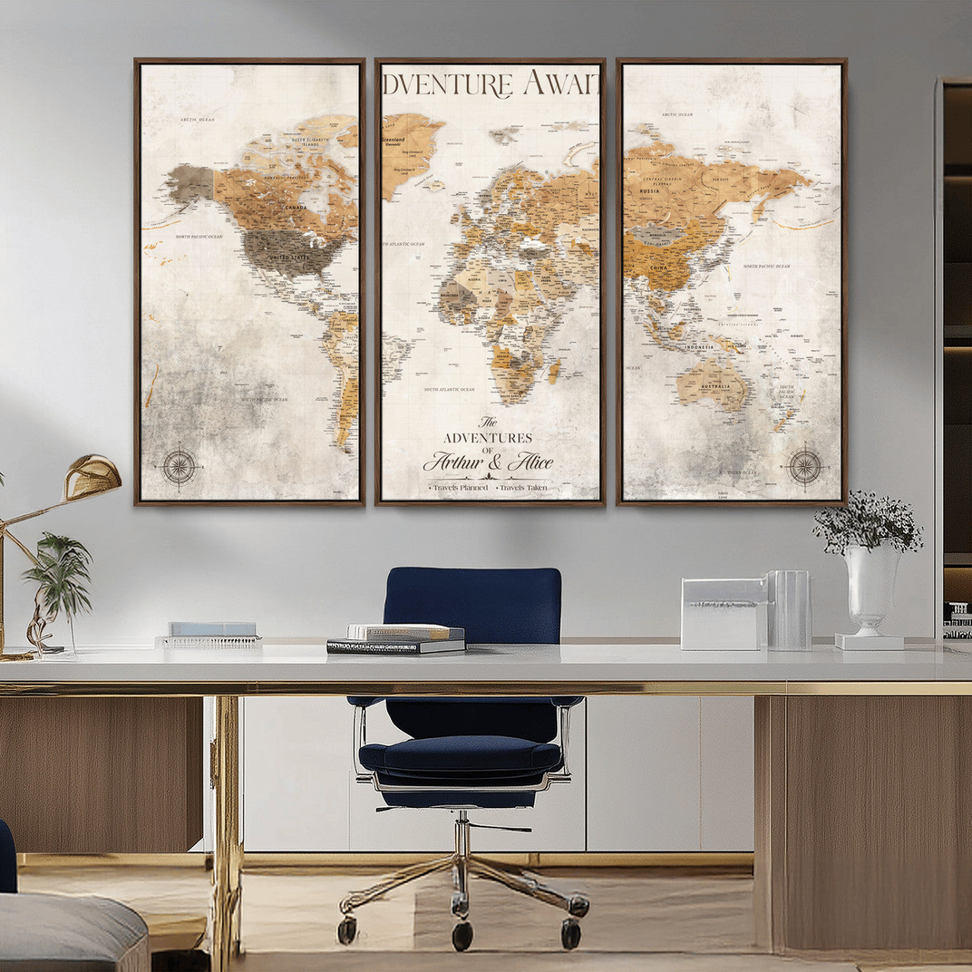 Rehber01-MGV-CV-36X24-Personalized World Map Canvas Print – Custom Push Pin Travel Map Vintage Neutral Style Gift for Couples Travelers for Home Office