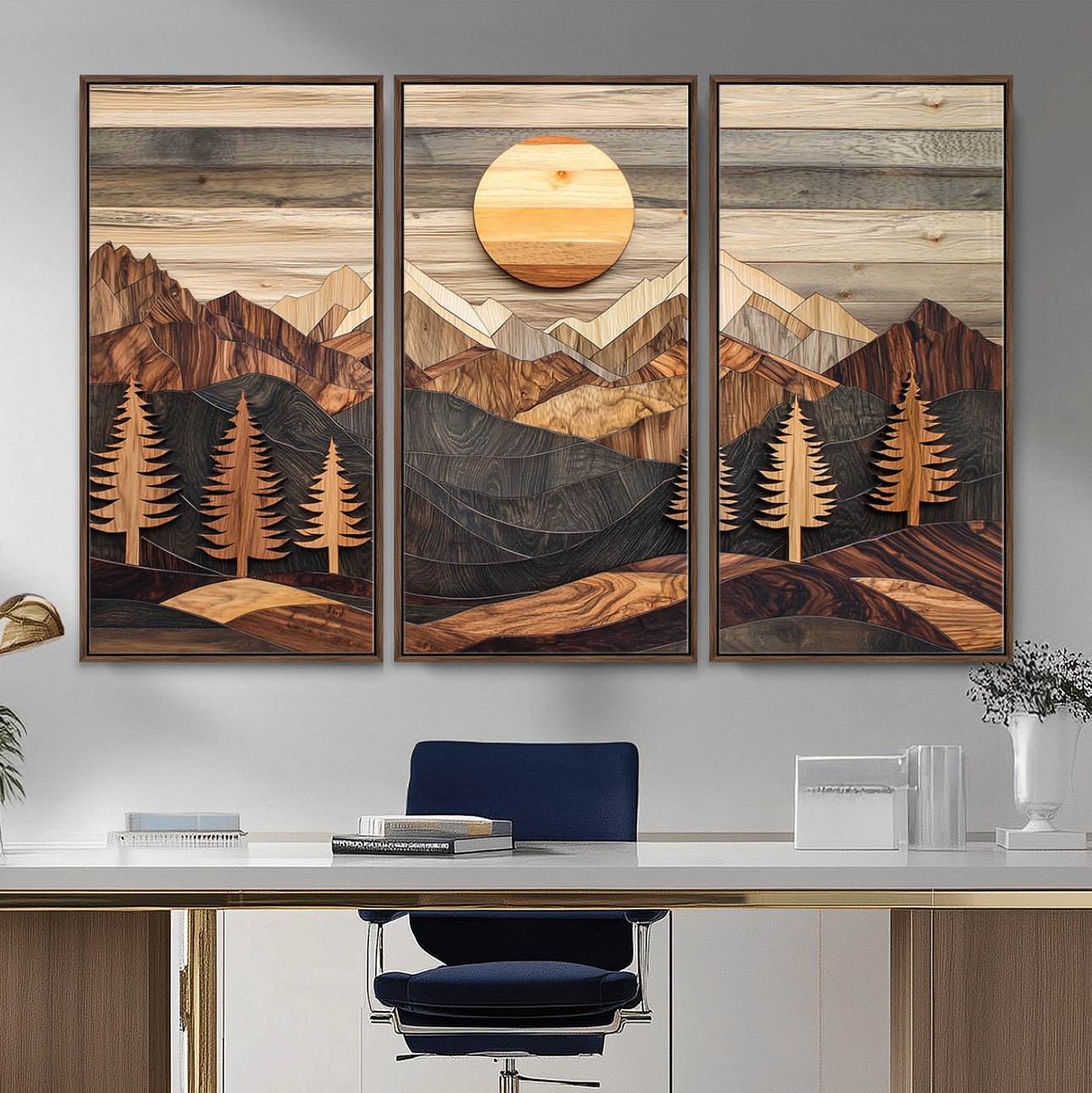 19832326-MGV-FC-48X32-3P - Wooden Mountain Landscape Layered Texture Geometric Shapes Sun Pine Trees Rustic Natural Tones Art