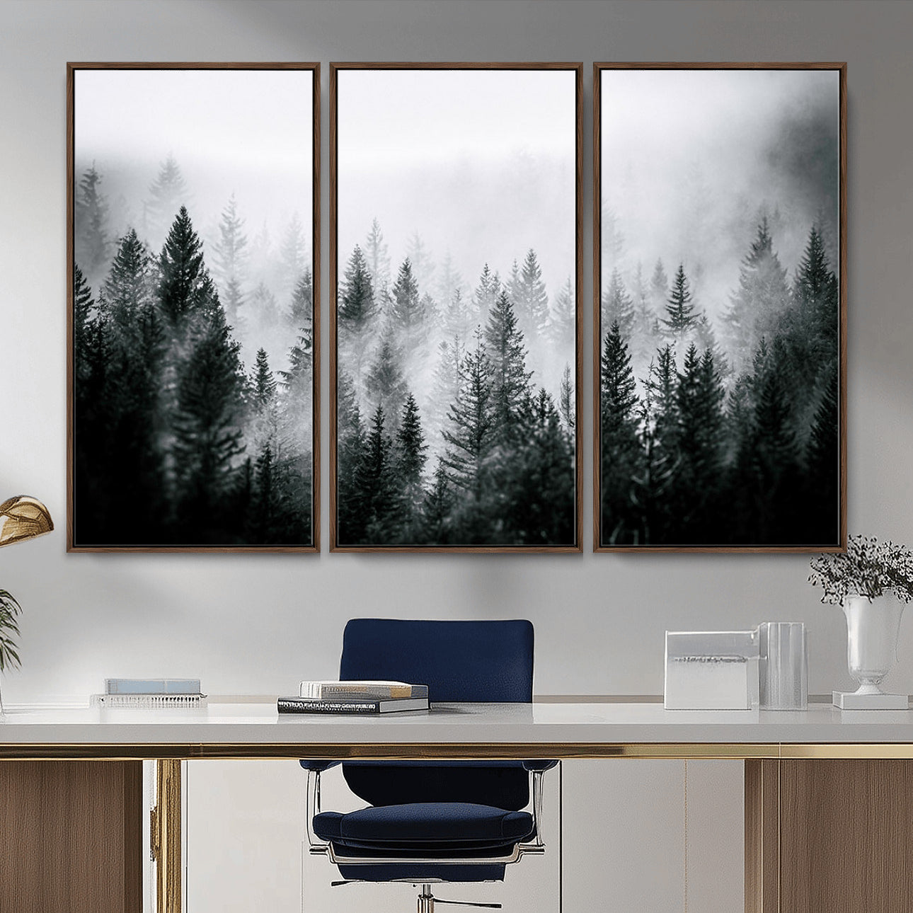 MGV-FC-48X32-3P - Foggy Pine Forest Canvas Wall Art, Horizontal Black and White Nature Landscape Print for Modern Home Decor