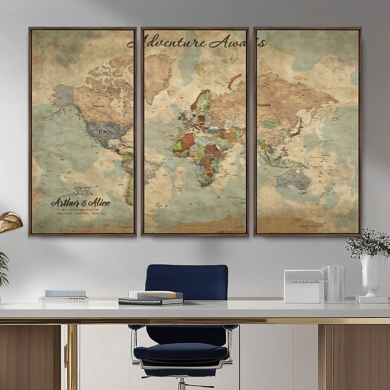 MGV-FC-48X32-3P - Personalized World Map Wall Art Canvas Print – Custom Push Pin Travel Map for Couples, Families, or Office Décor