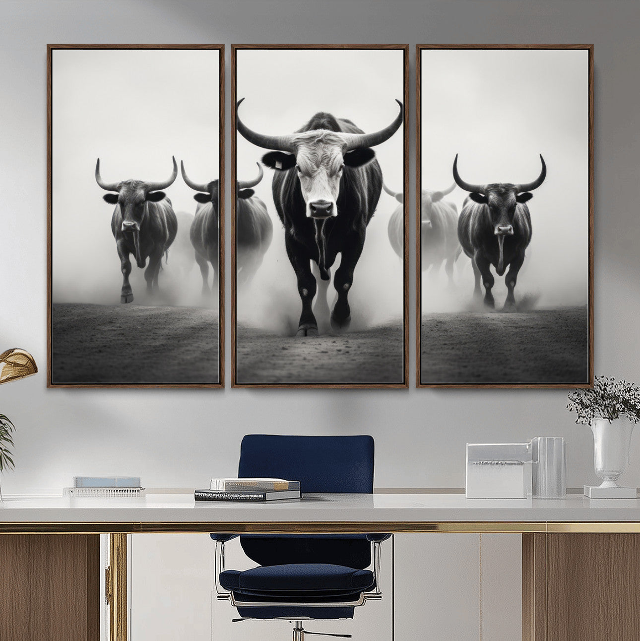 N34534C-MGV-FC-48X32-3P - Texas Bighorn Cow Hern Wall Art Canvas Print, Longhorn Cow Large Wall Art