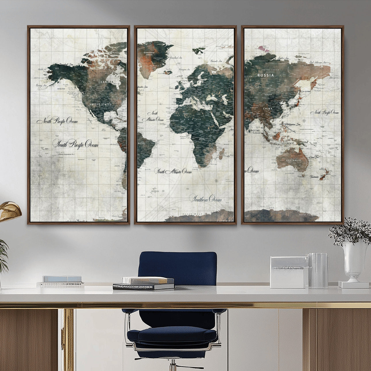 90149079-MGV-FC-48X32-3P - World Map Wall Art Canvas Print, Modern Decorative Framed Map Artwork Prints for Living Room, Office, Bedroom Wall Decor