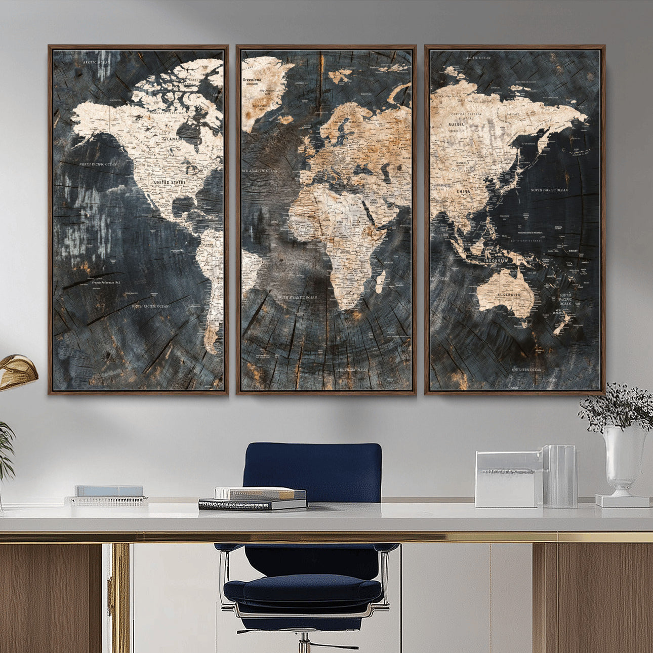 57626704-MGV-FC-48X32-3P - World Map Wall Art Canvas Print, Modern Decorative Framed Map Artwork Prints for Living Room, Office, Bedroom Wall Decor