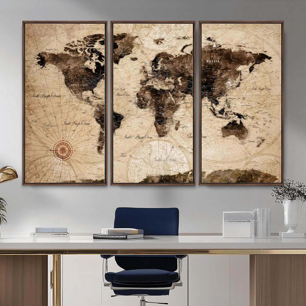 97114757-MGV-FC-48X32-3P - World Map Wall Art Canvas Print, Modern Decorative Framed Map Artwork Prints for Living Room, Office, Bedroom Wall Decor