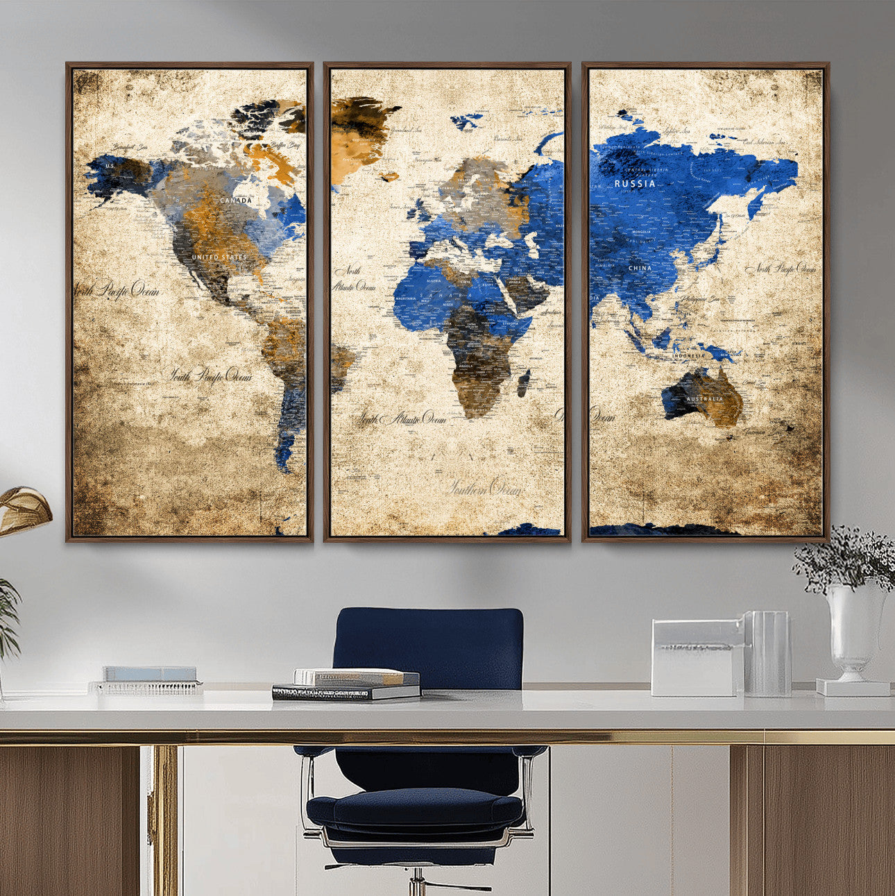 13564339-MGV-FC-48X32-3P - World Map Wall Art Canvas Print, Modern Decorative Framed Map Artwork Prints for Living Room, Office, Bedroom Wall Decor