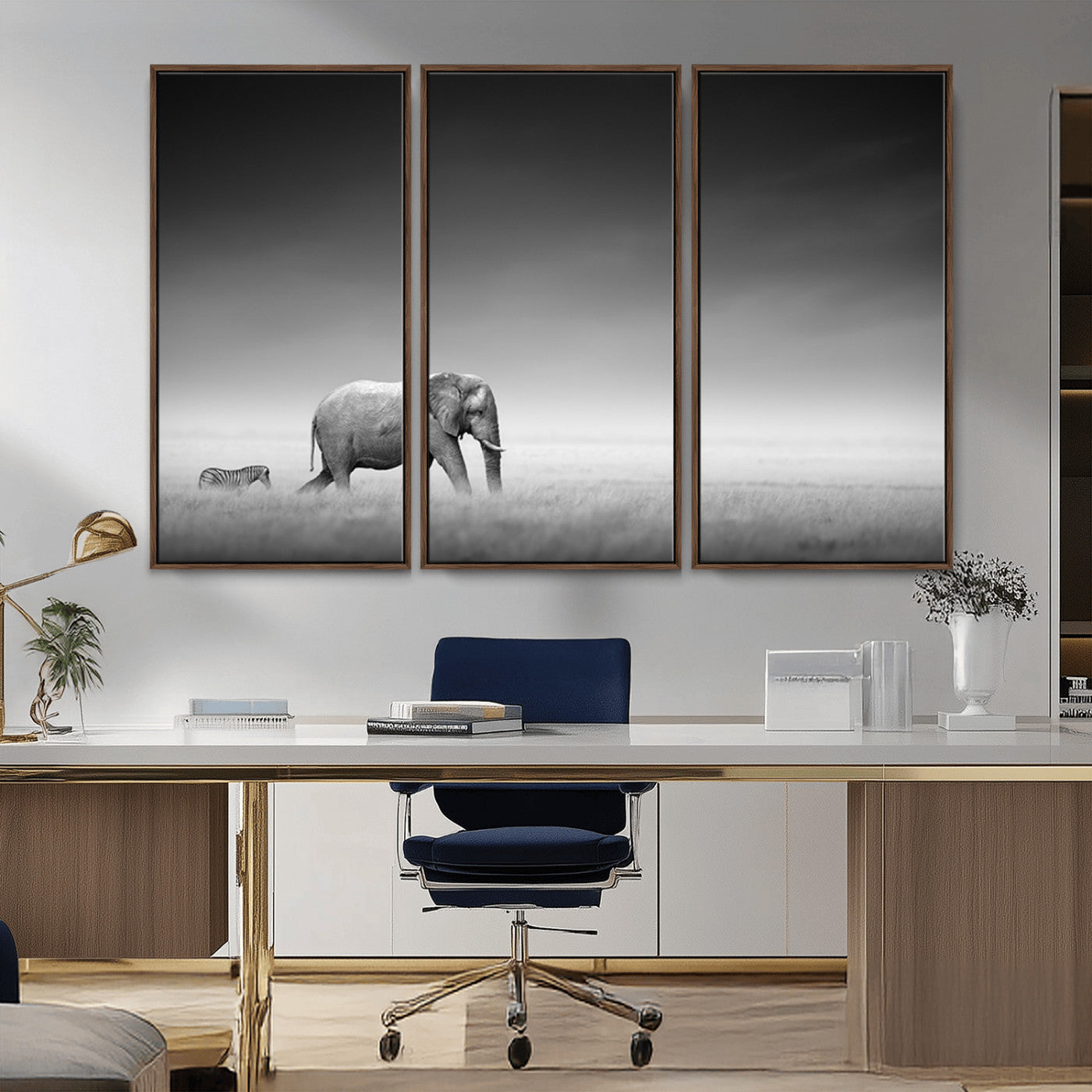 87639-MGV-FC-48X32-3P_Walnut-Elephand and Zebra Wall Art Canvas Print, Modern Artwork