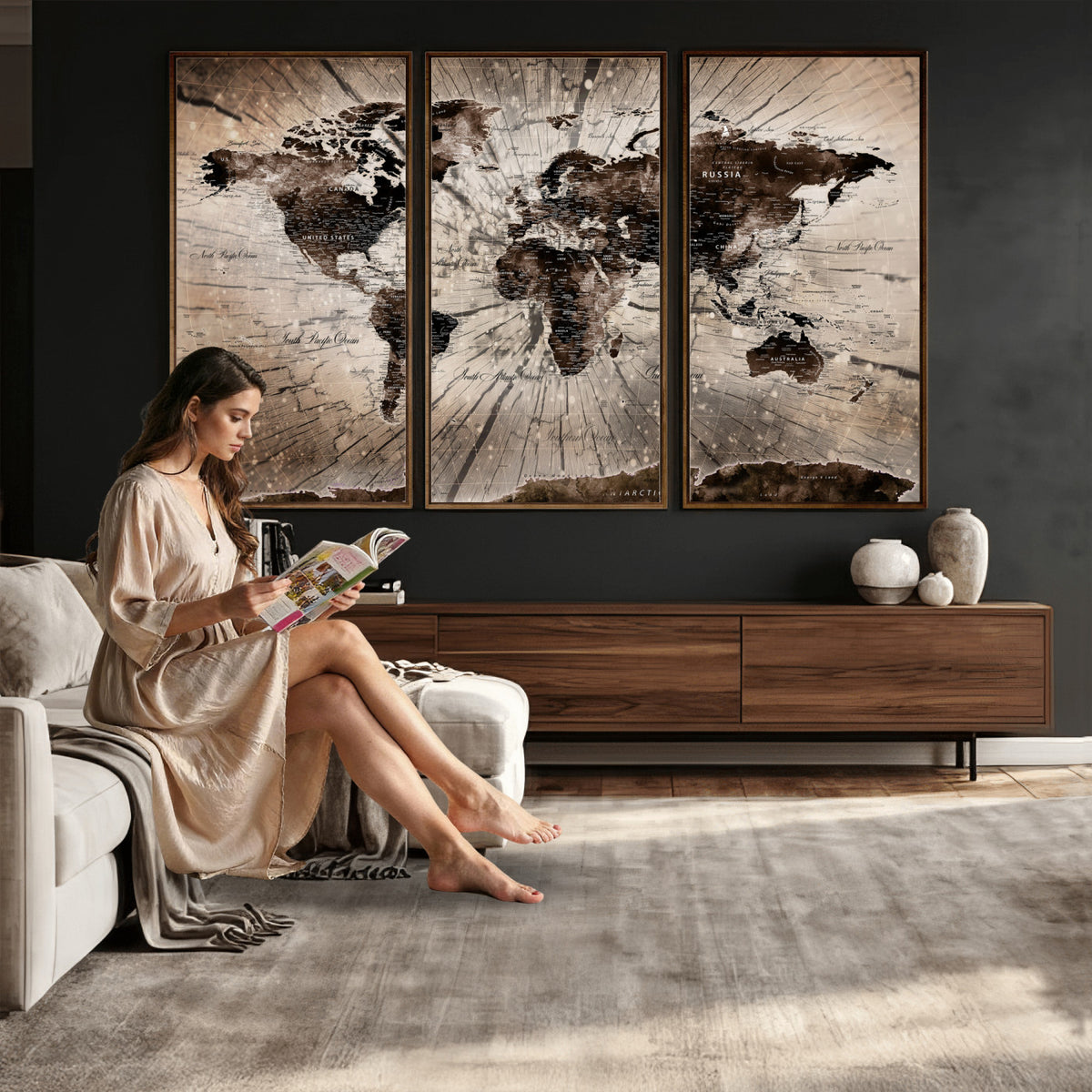 94623295-MGV-CV-36X24 - World Map Wall Art Canvas Print, Modern Decorative Framed Map Artwork Prints for Living Room, Office, Bedroom Wall Decor