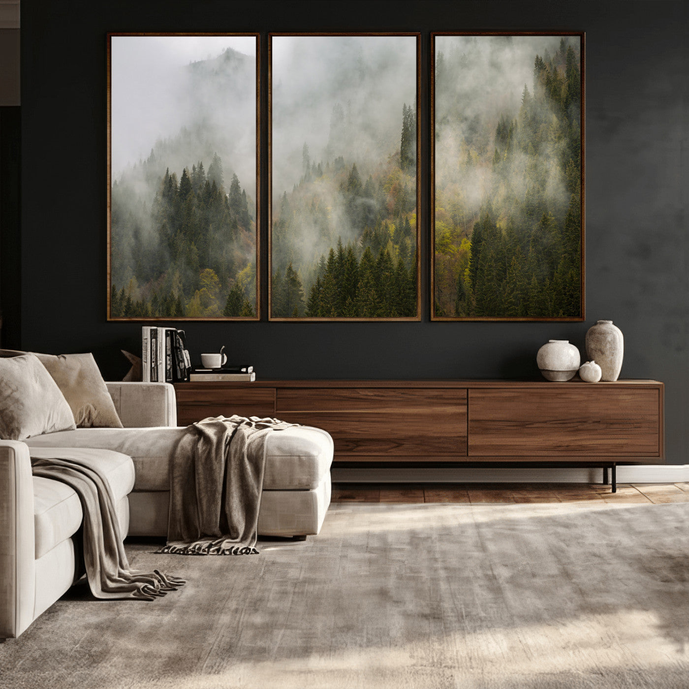 31152954-MGV-CV-36X24 - Misty Mountain Forest Canvas Print, Foggy Pine Trees Nature Wall Art, Framed Canvas Ready to Hang