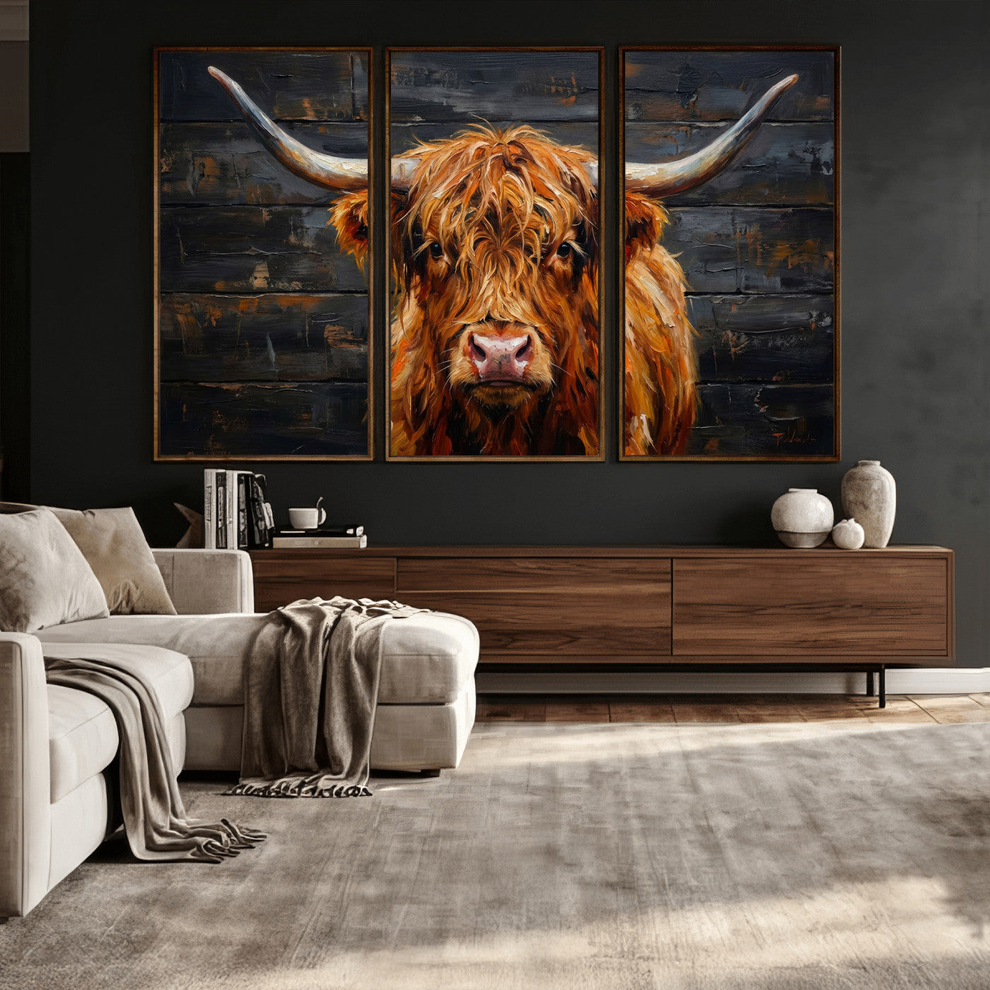 32536611-MGV-CV-36X24 - Highland Cow Wall Art Canvas Print, Rustic Farm Animal Painting, Framed Wall Art Ready to Hang
