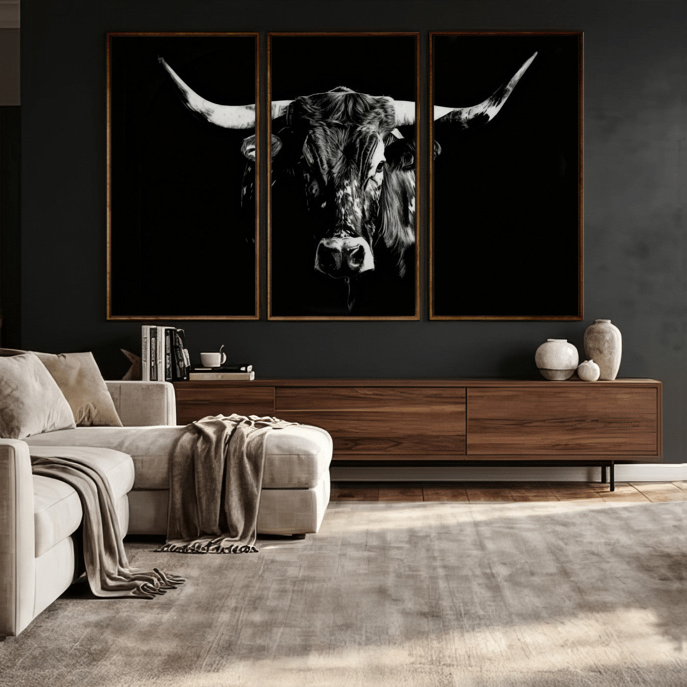 21436434-MGV-CV-36X24 - Black Bull Wall Art Canvas Print, Dark Longhorn Portrait Photography, Framed Wall Art Ready to Hang