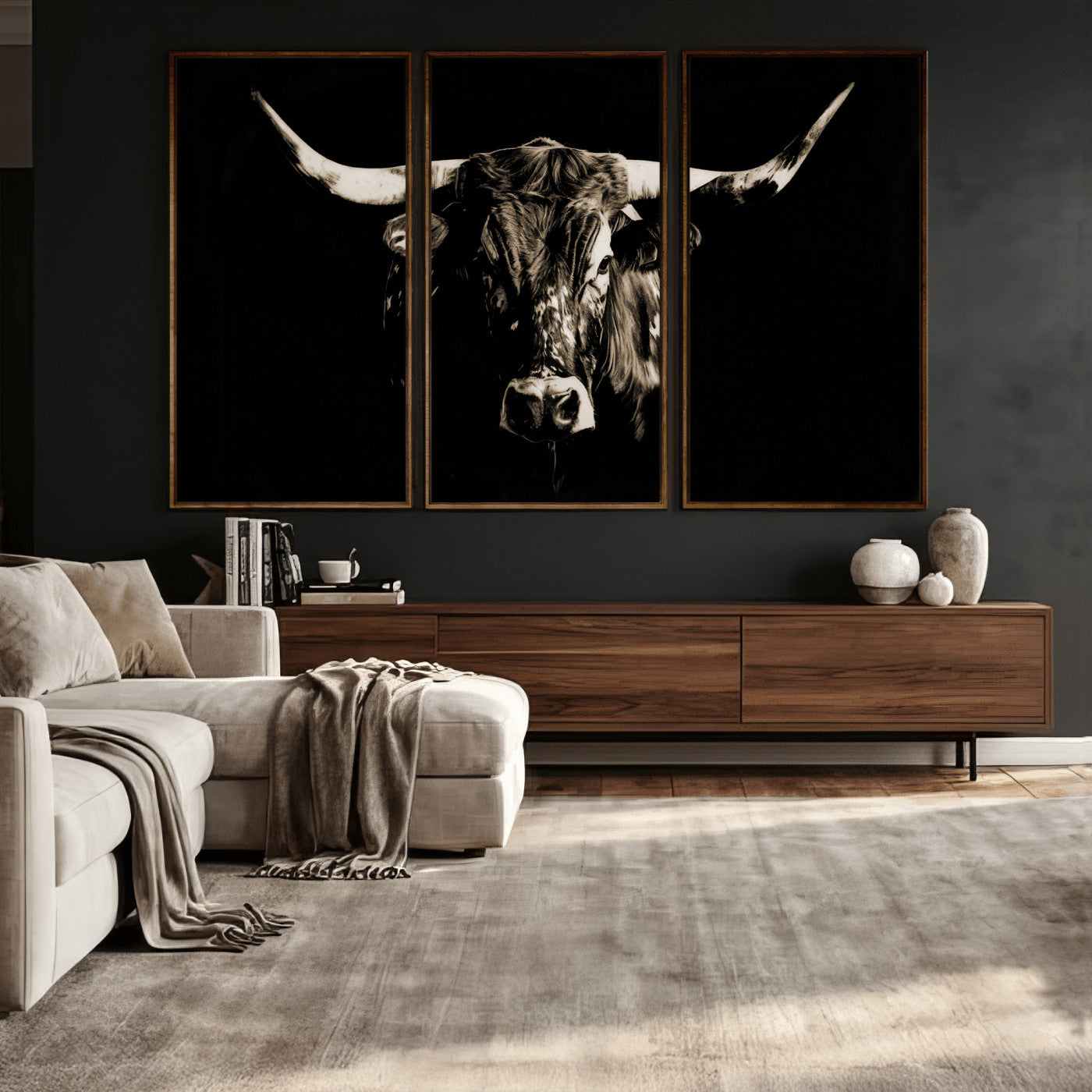 75774468-MGV-CV-36X24 - Black Bull Wall Art Canvas Print, Dark Longhorn Portrait Photography, Framed Wall Art Ready to Hang